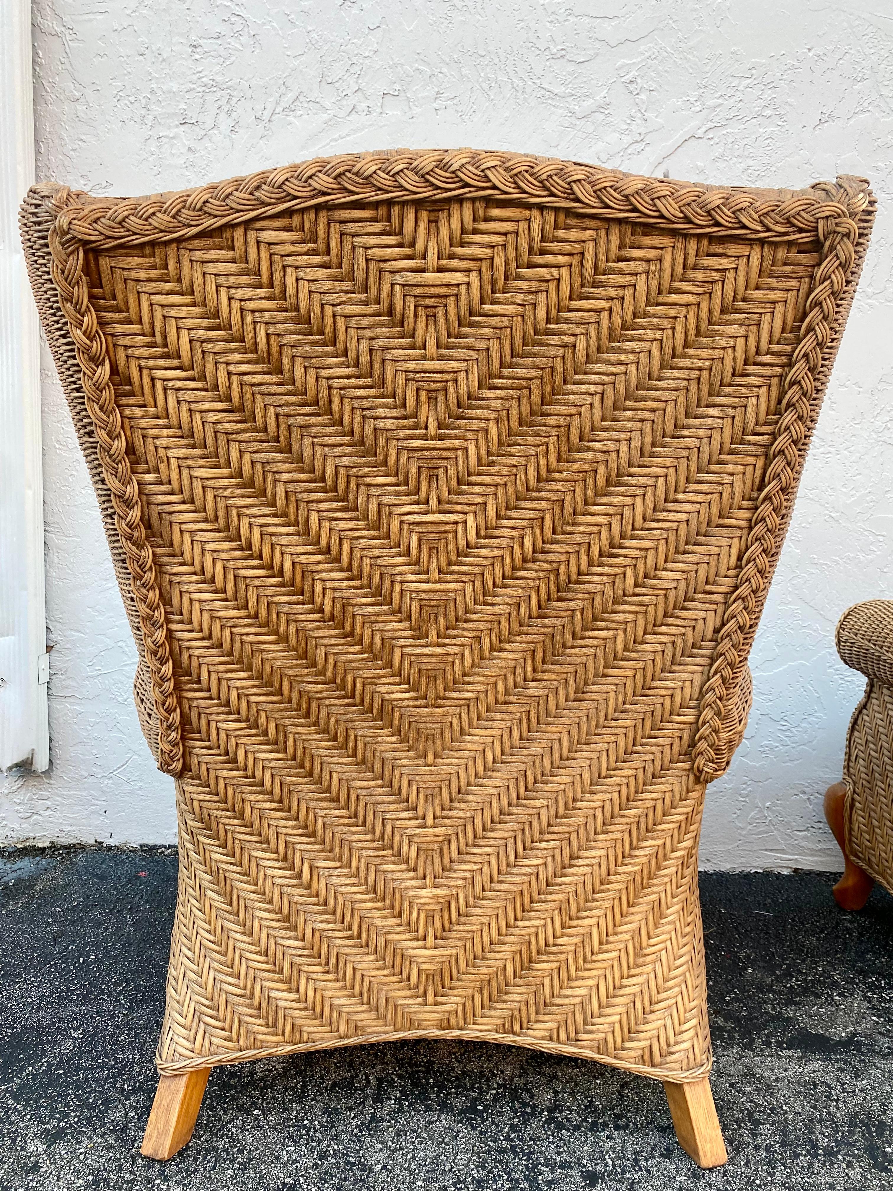 American 1980s Rattan Queen Anne Style XL Wingback Chairs, Set of 2 For Sale