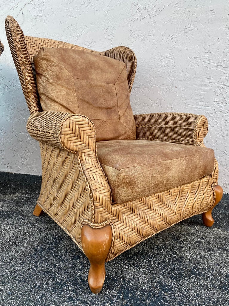 1980s Rattan Queen Anne Style XL Wingback Chairs, Set of 2 For Sale 1