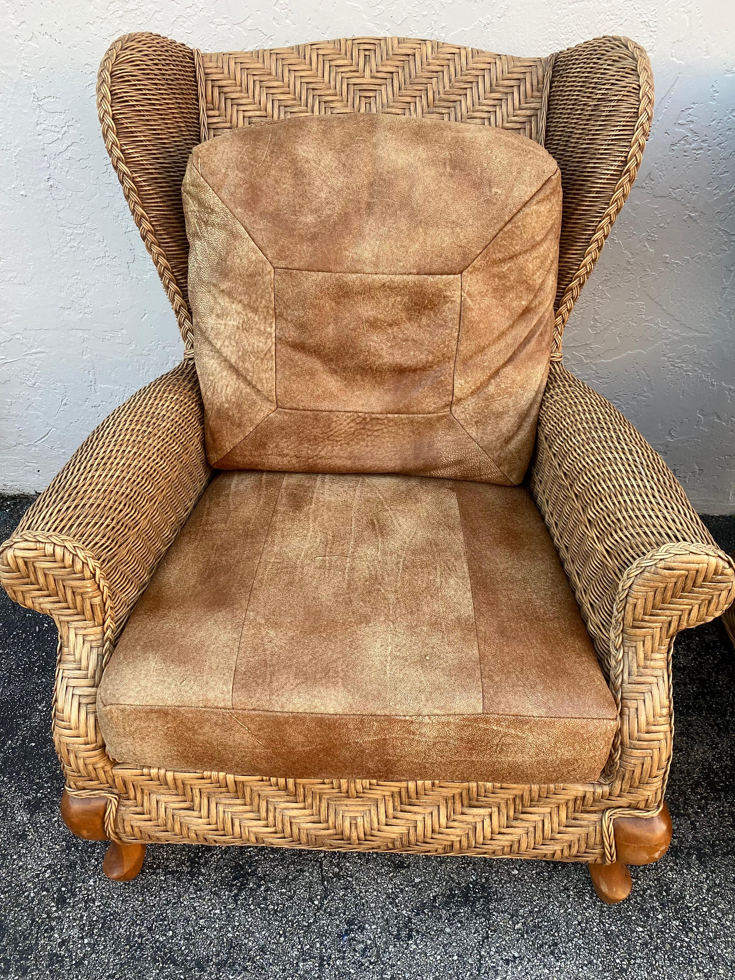 Upholstery 1980s Rattan Queen Anne Style XL Wingback Chairs, Set of 2 For Sale
