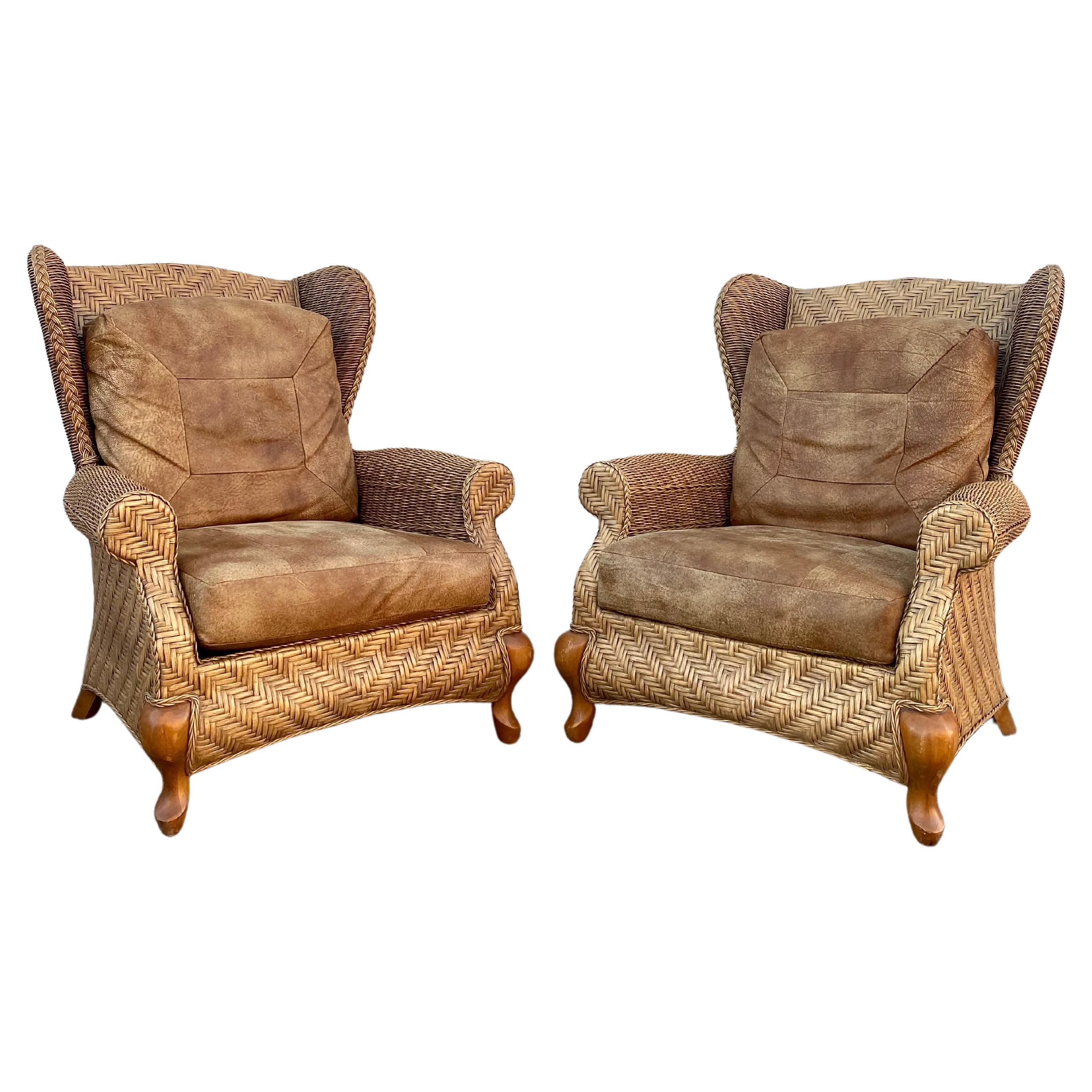 1980s Rattan Queen Anne Style XL Wingback Chairs, Set of 2