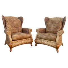 Used 1980s Rattan Queen Anne Style XL Wingback Chairs, Set of 2