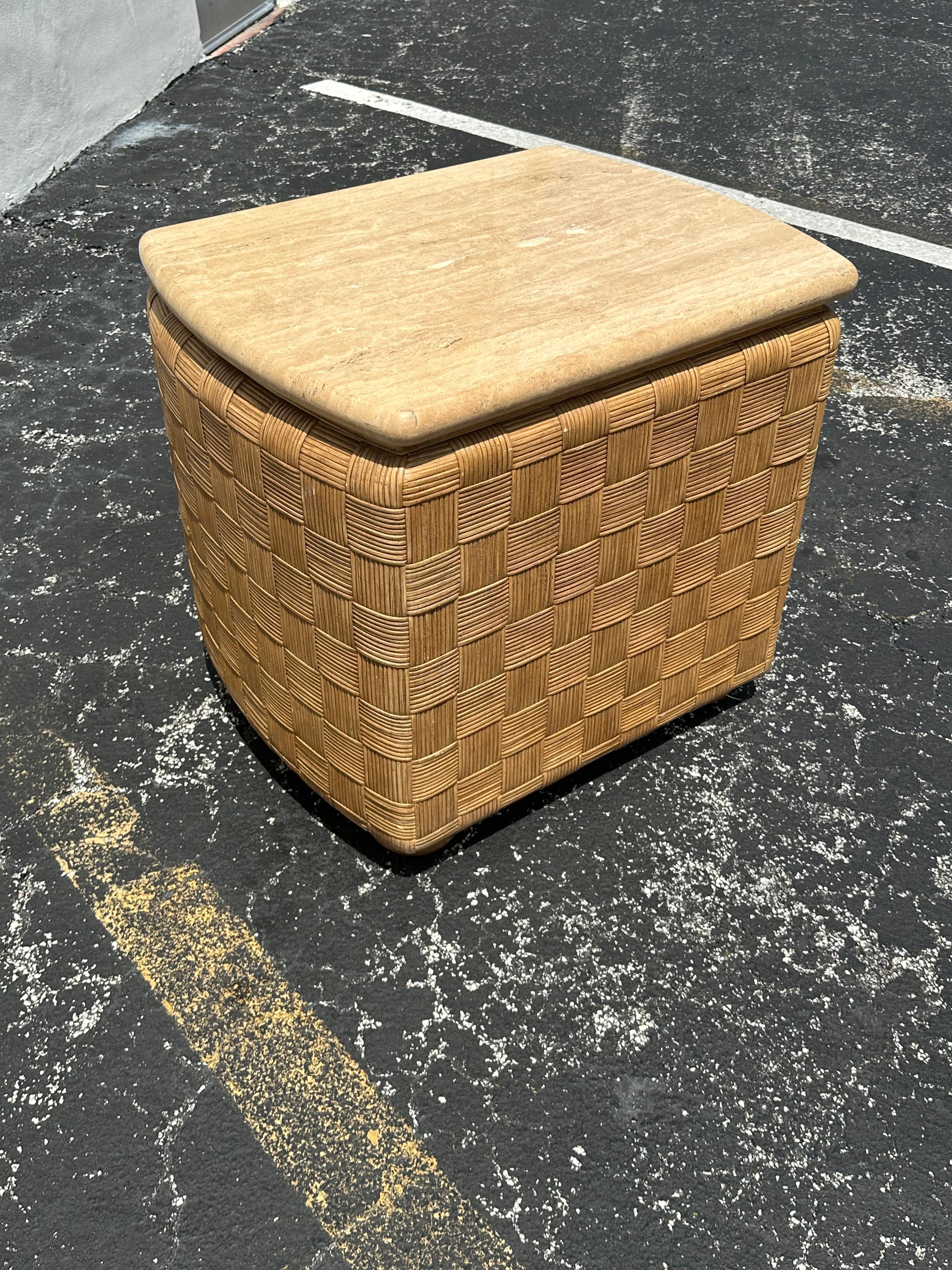 1980s Woven Rattan Travertine Top Nightstand End Table For Sale 4