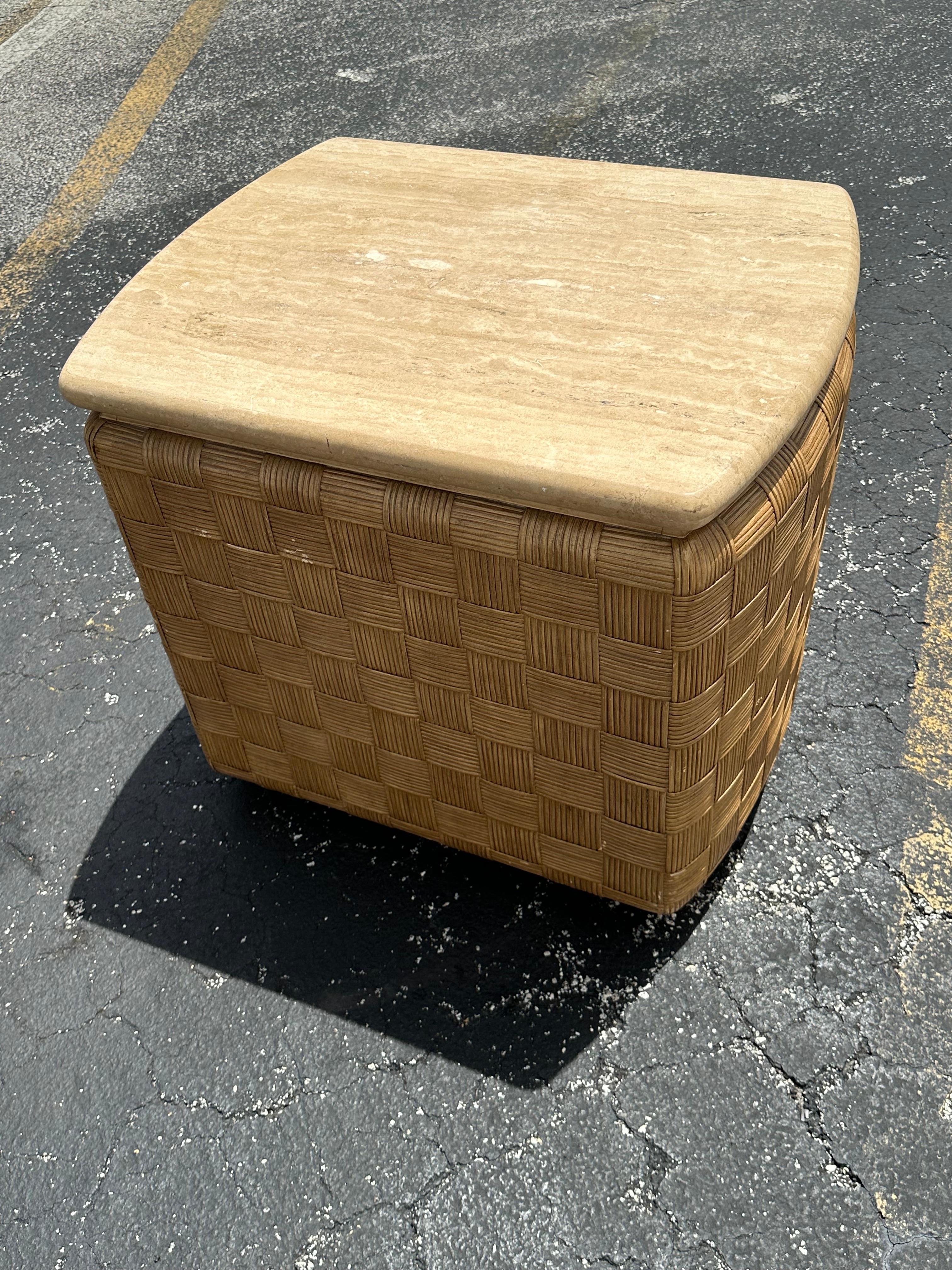 1980s Woven Rattan Travertine Top Nightstand End Table For Sale 5