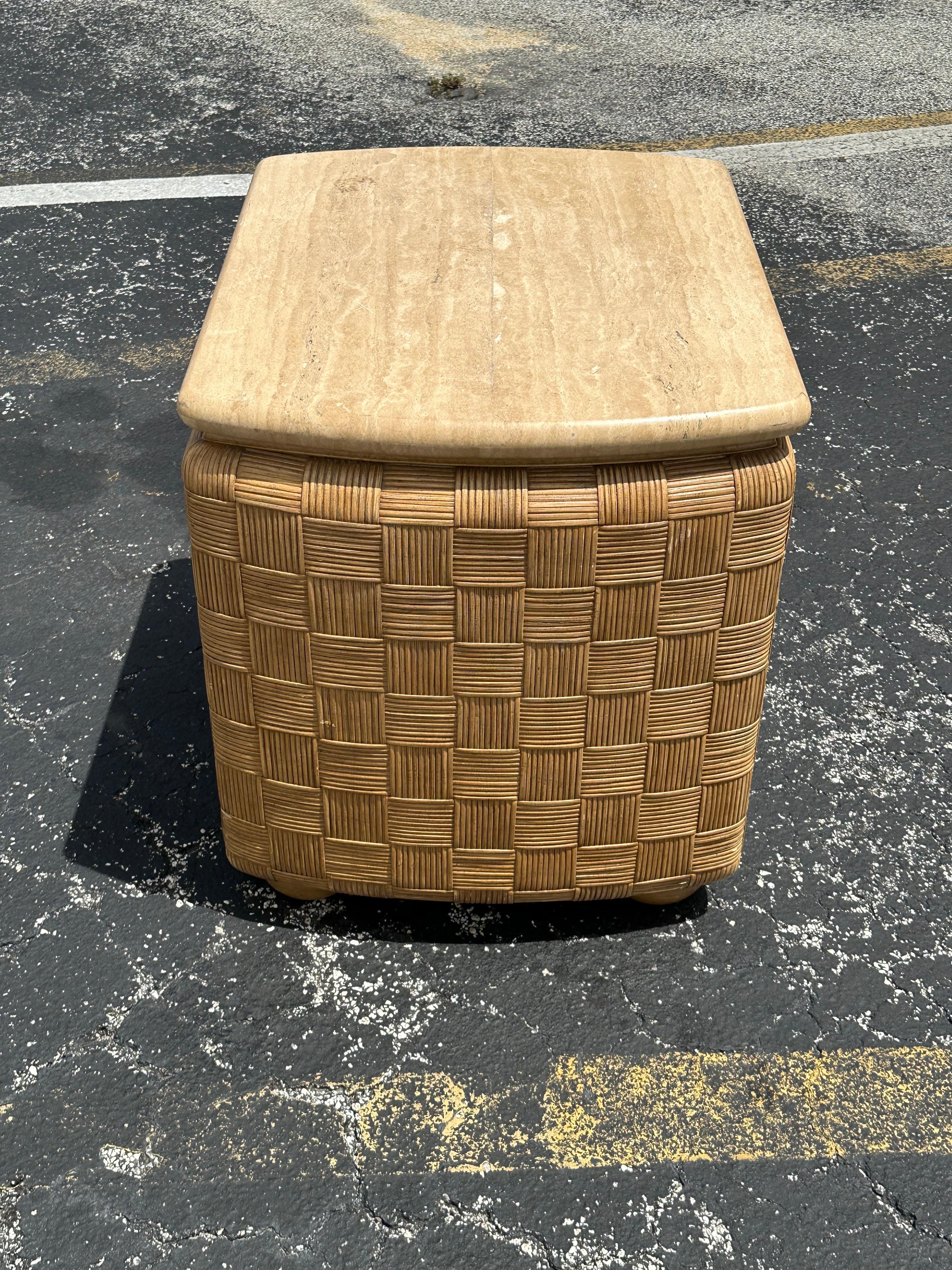 1980s Woven Rattan Travertine Top Nightstand End Table For Sale 6