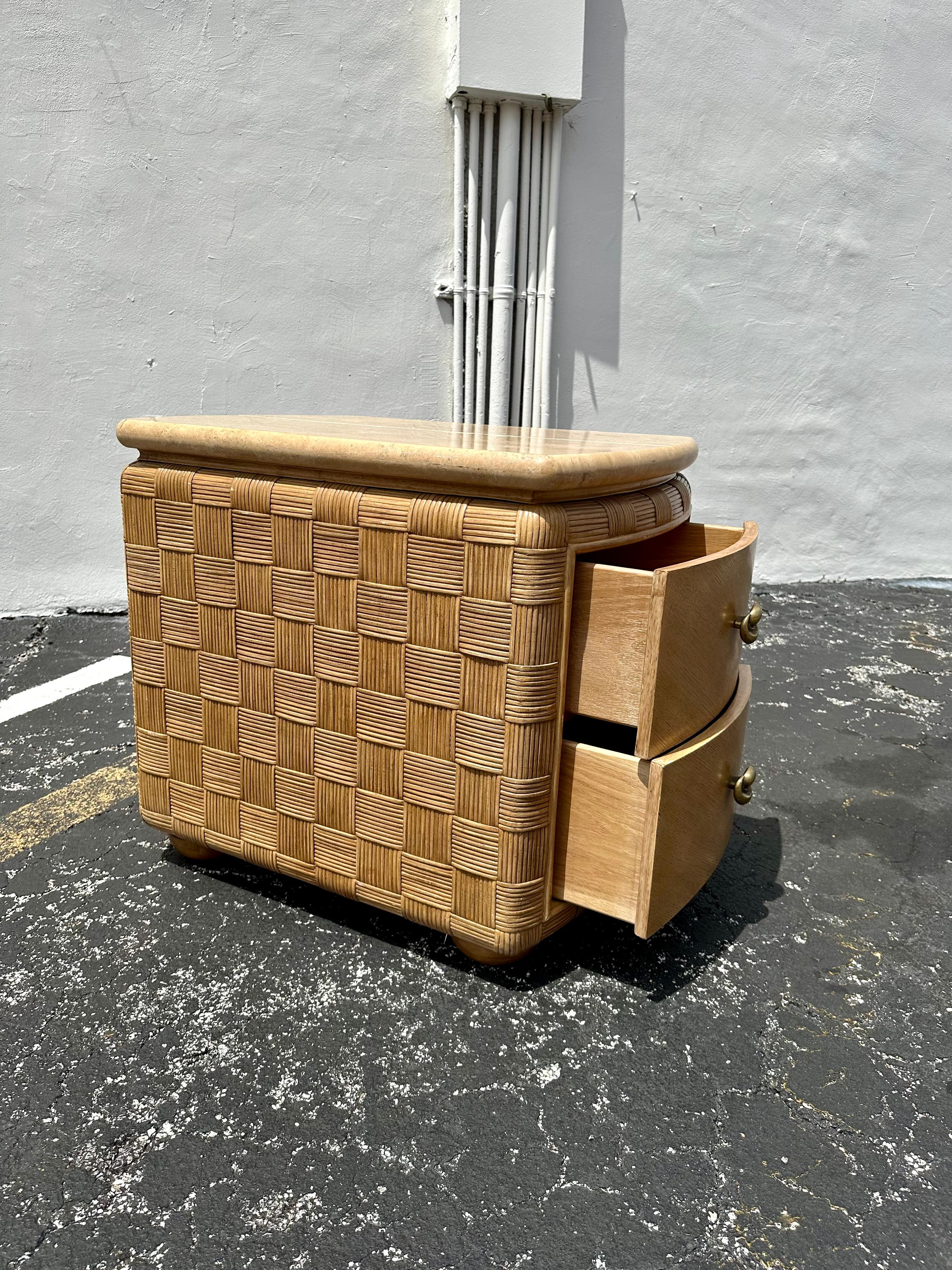 1980s Woven Rattan Travertine Top Nightstand End Table For Sale 7
