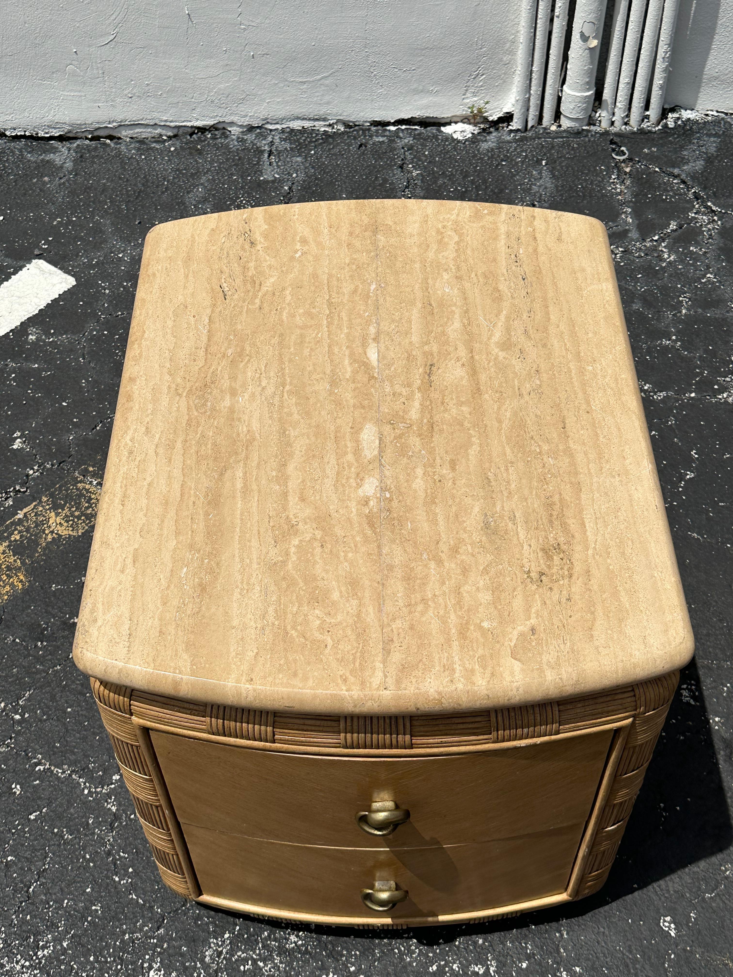 1980s Woven Rattan Travertine Top Nightstand End Table For Sale 9