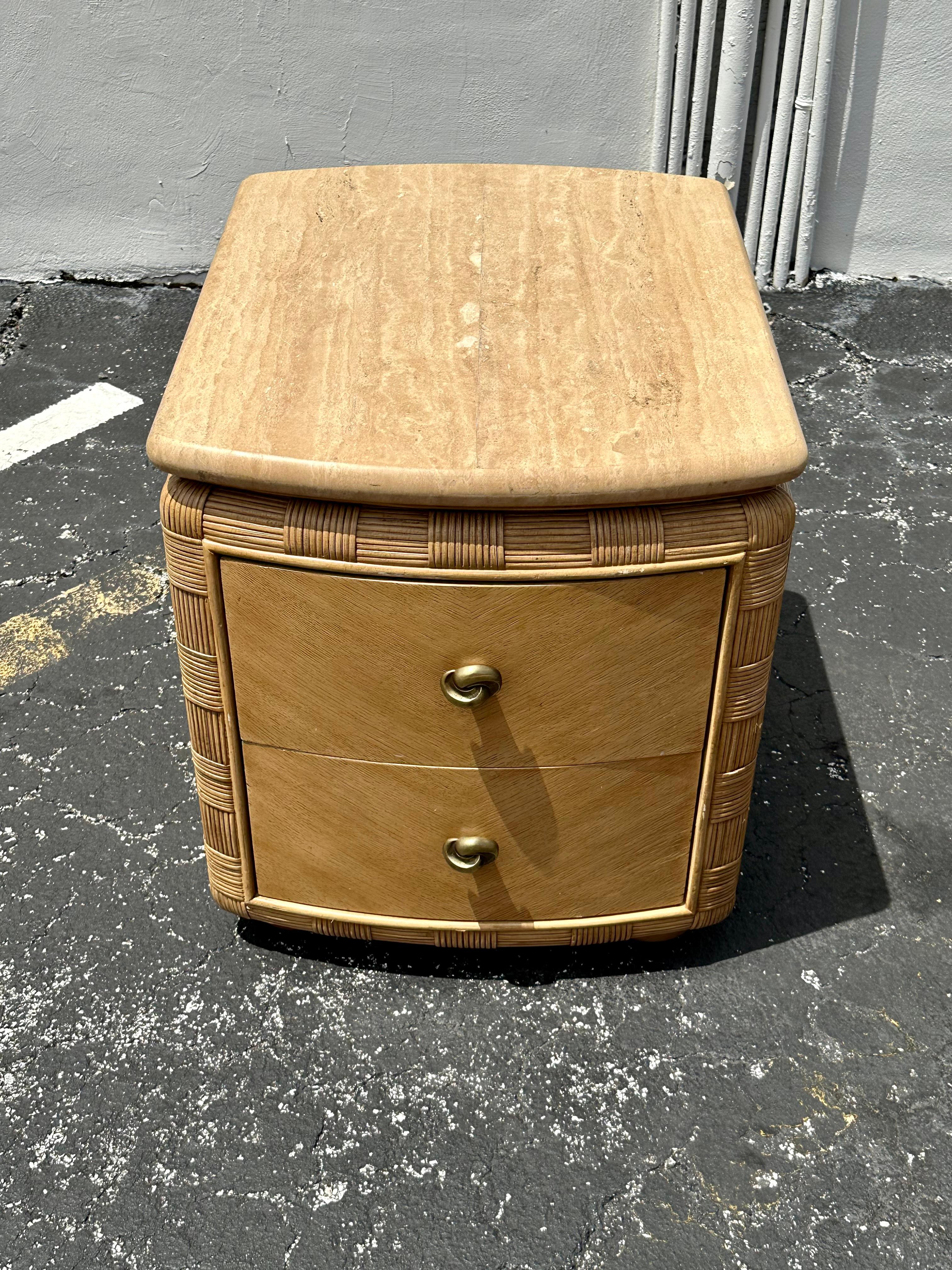 Bohemian 1980s Woven Rattan Travertine Top Nightstand End Table For Sale