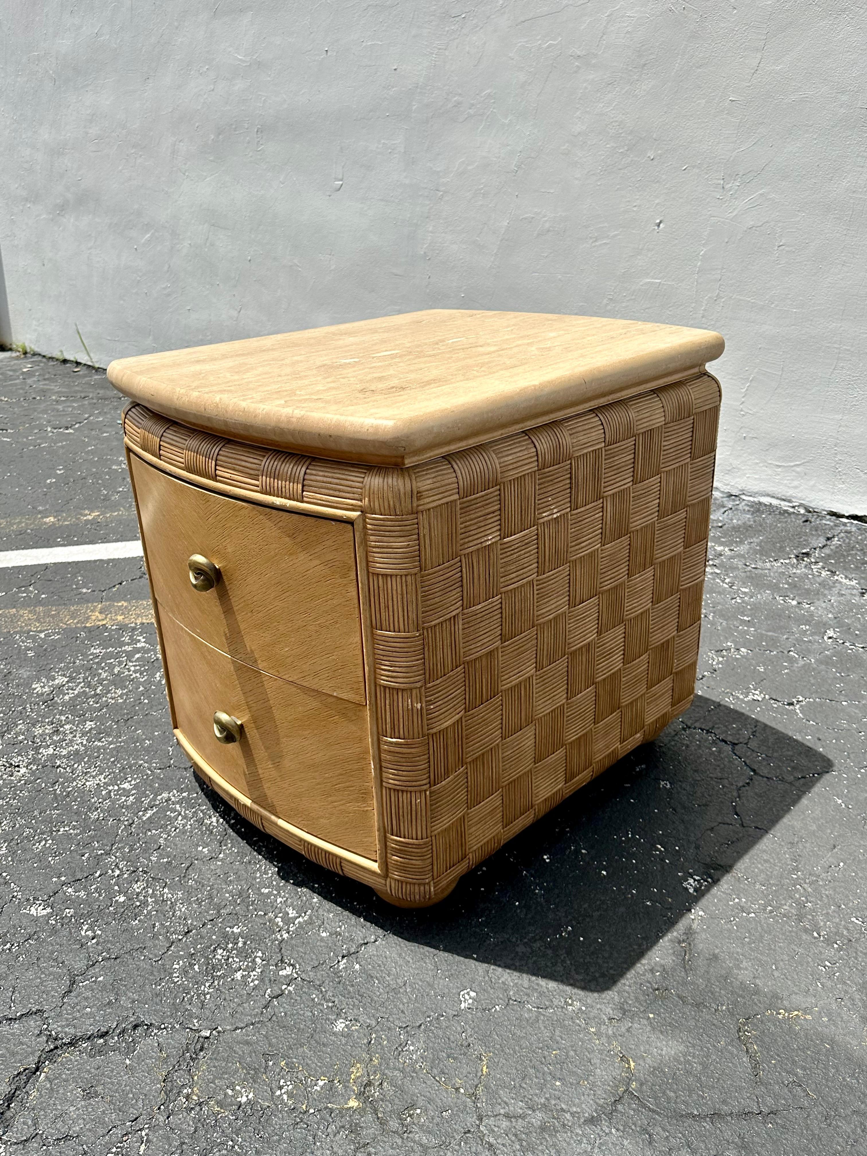 American 1980s Woven Rattan Travertine Top Nightstand End Table For Sale