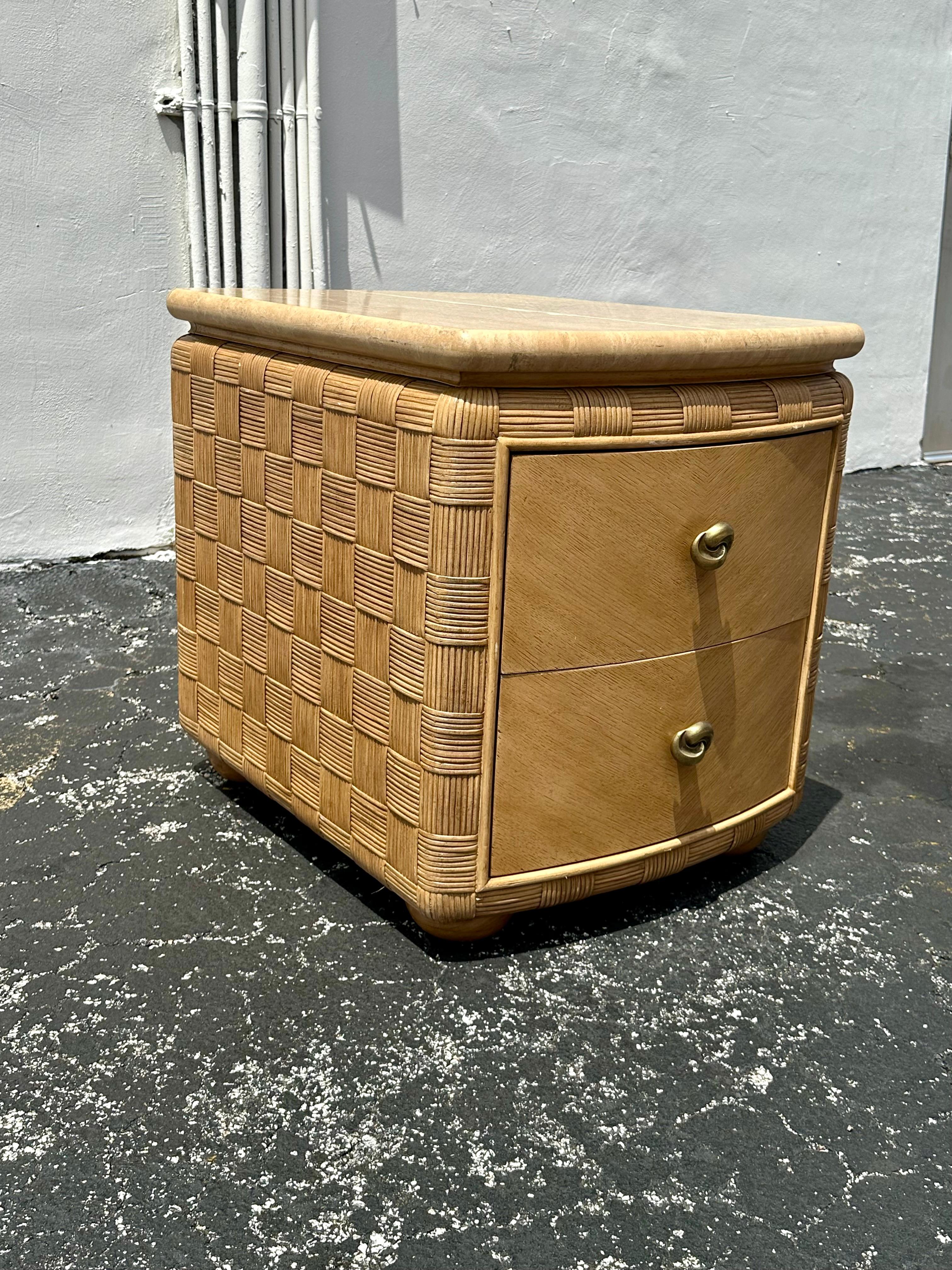 Late 20th Century 1980s Woven Rattan Travertine Top Nightstand End Table For Sale