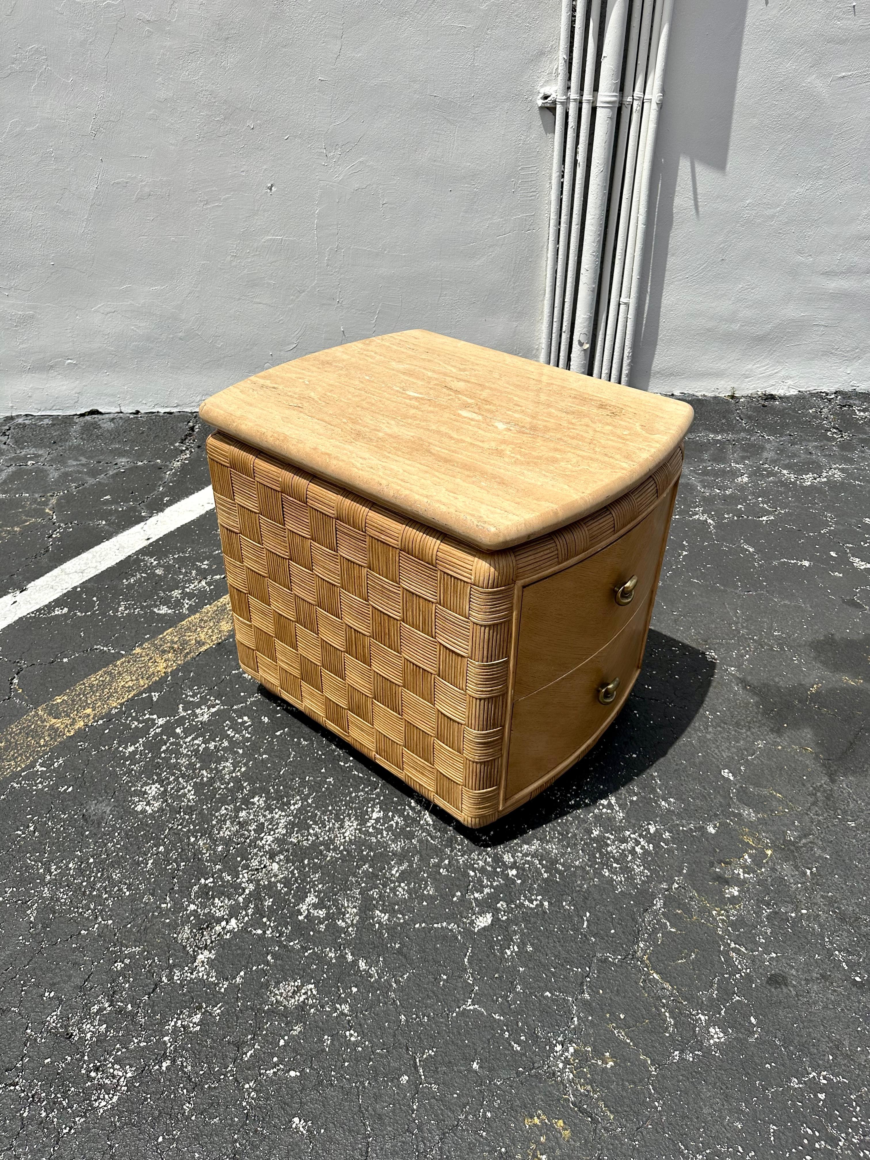 1980s Woven Rattan Travertine Top Nightstand End Table For Sale 1