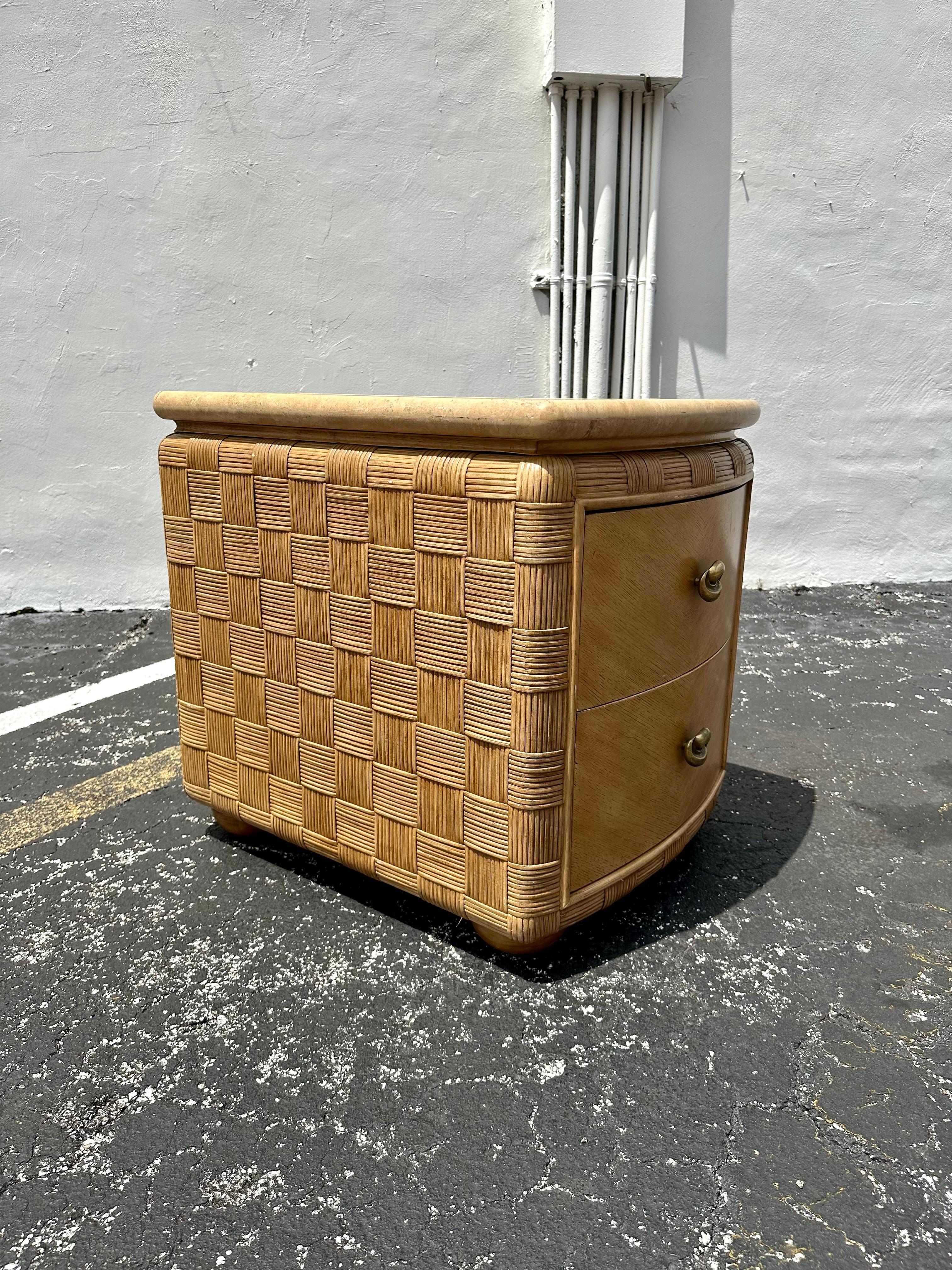 1980s Woven Rattan Travertine Top Nightstand End Table For Sale 2
