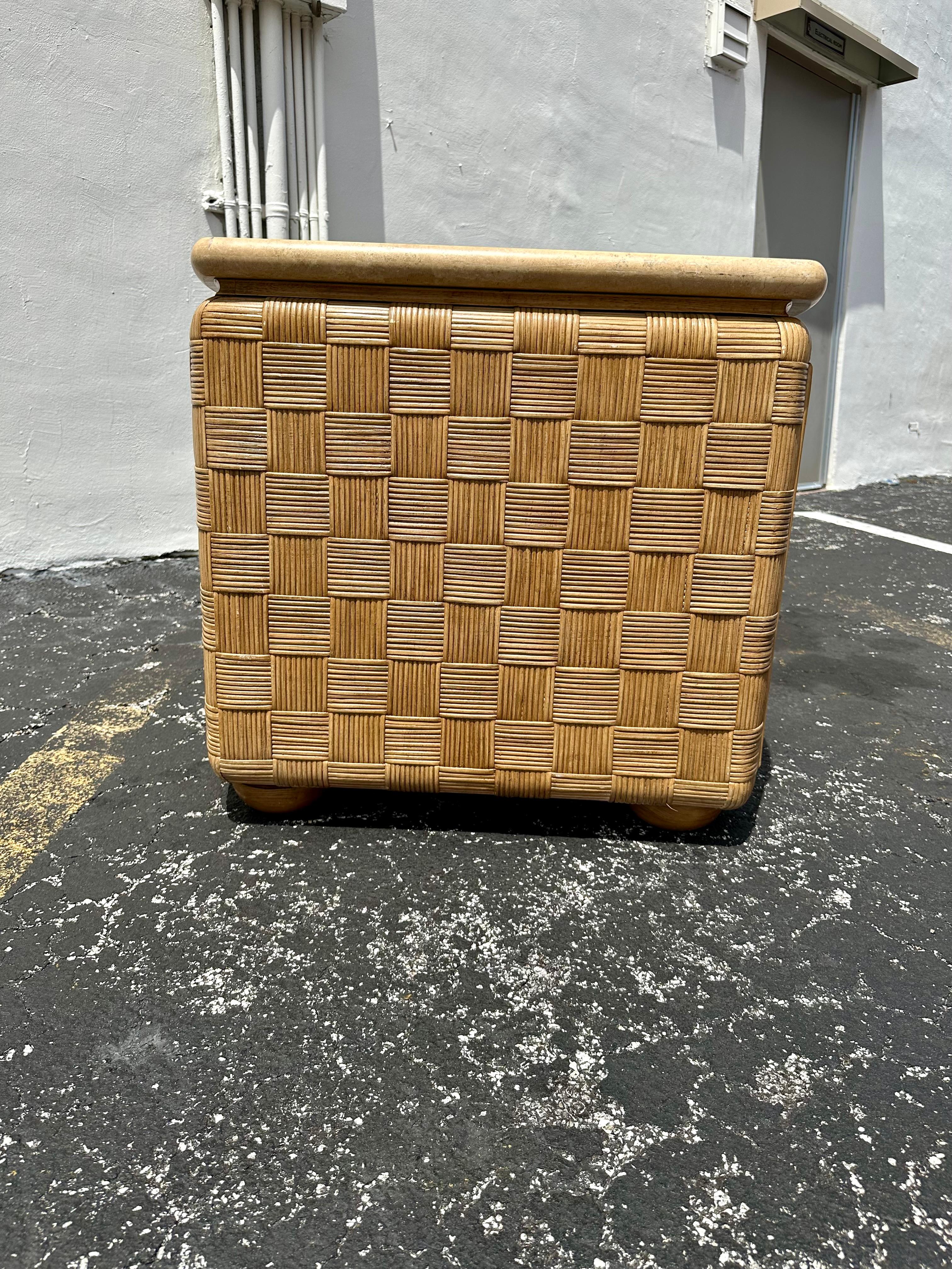 1980s Woven Rattan Travertine Top Nightstand End Table For Sale 3