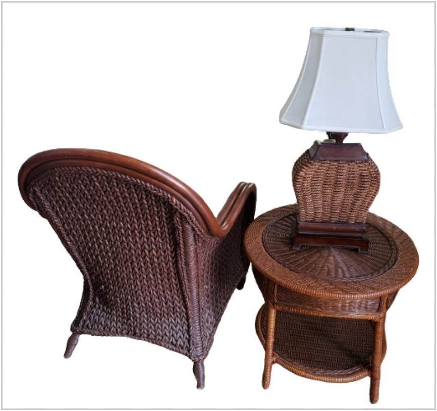 Vintage Custom Rattan and rush chair, Rattan side table and rush lamp. Lamp does not come with shade. Chair is ready for your choice of Seat cushion to match you design. Measures: Chair is 30