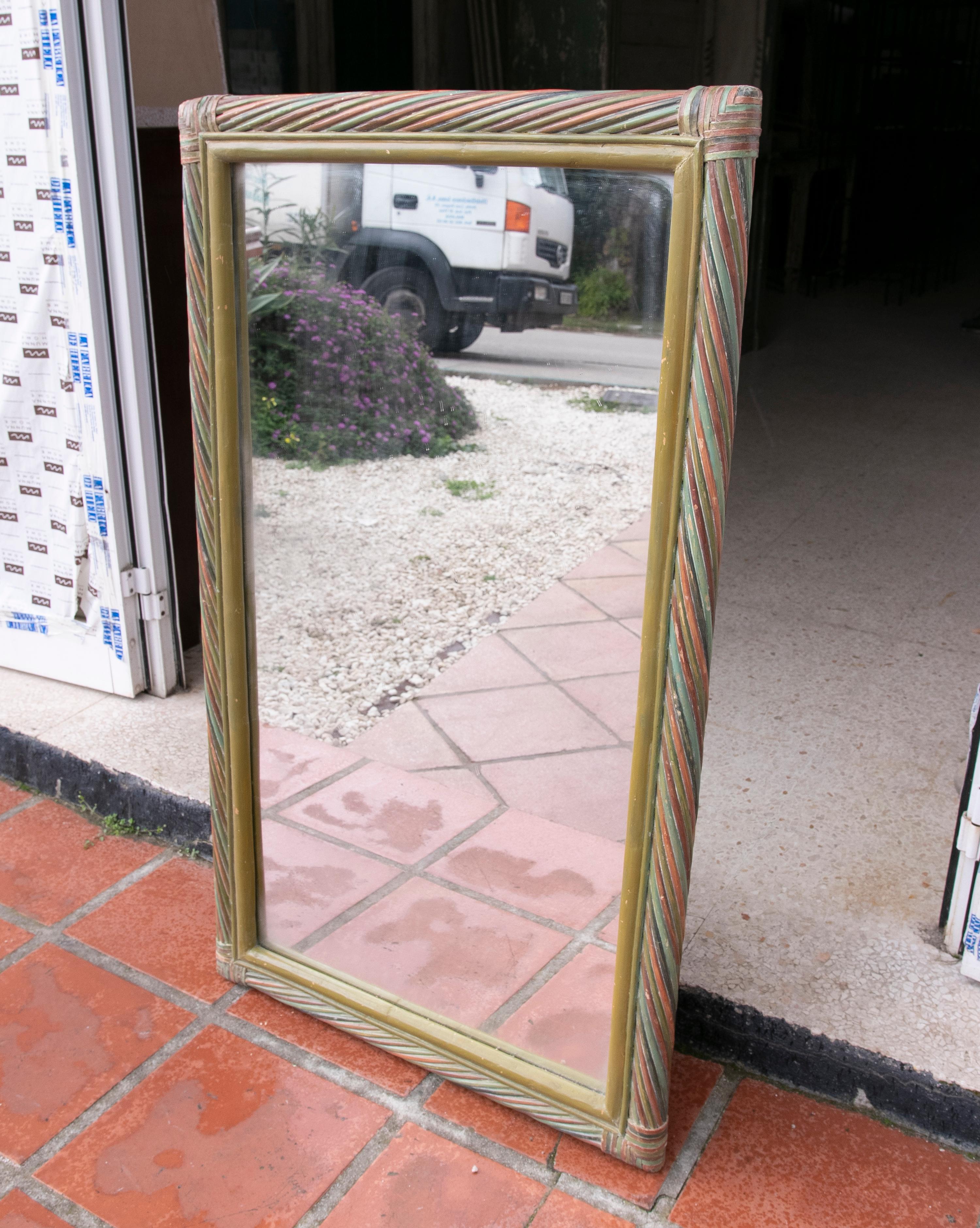 1980s Rectangular Bamboo Wall Mirror in Green and Red Colours.