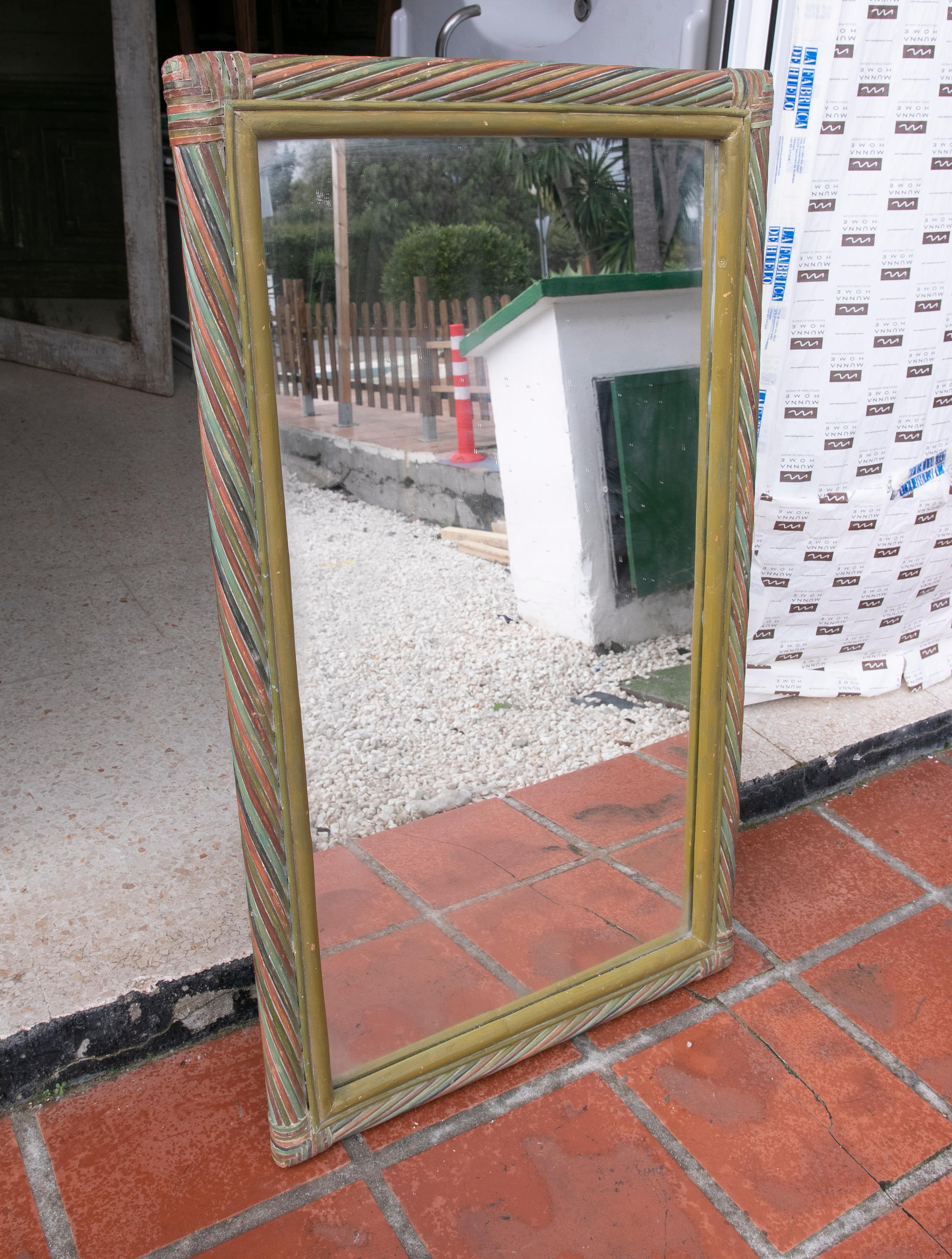 Spanish 1980s Rectangular Bamboo Wall Mirror in Green and Red Colours For Sale