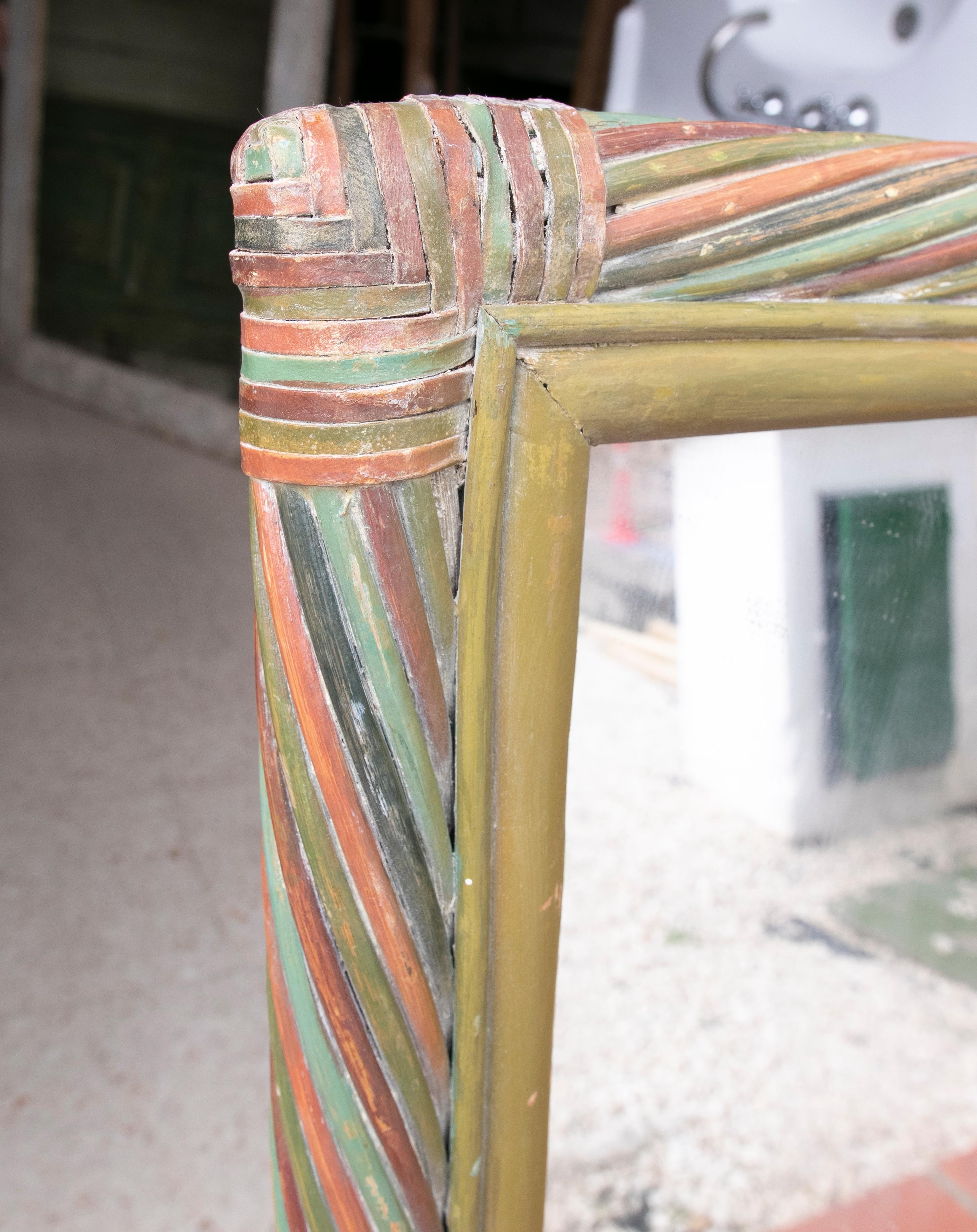 1980s Rectangular Bamboo Wall Mirror in Green and Red Colours In Good Condition For Sale In Marbella, ES