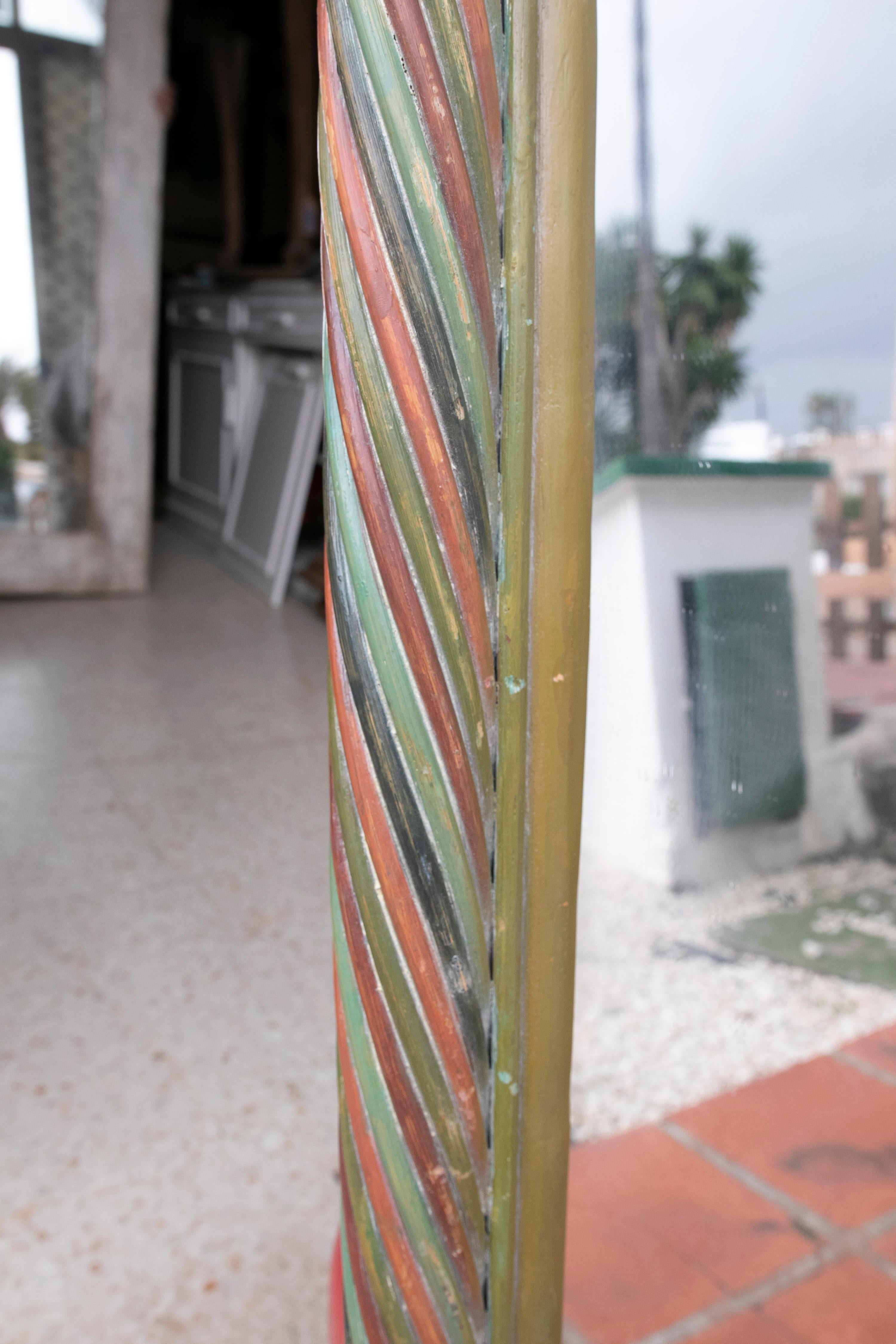 1980s Rectangular Bamboo Wall Mirror in Green and Red Colours For Sale 1