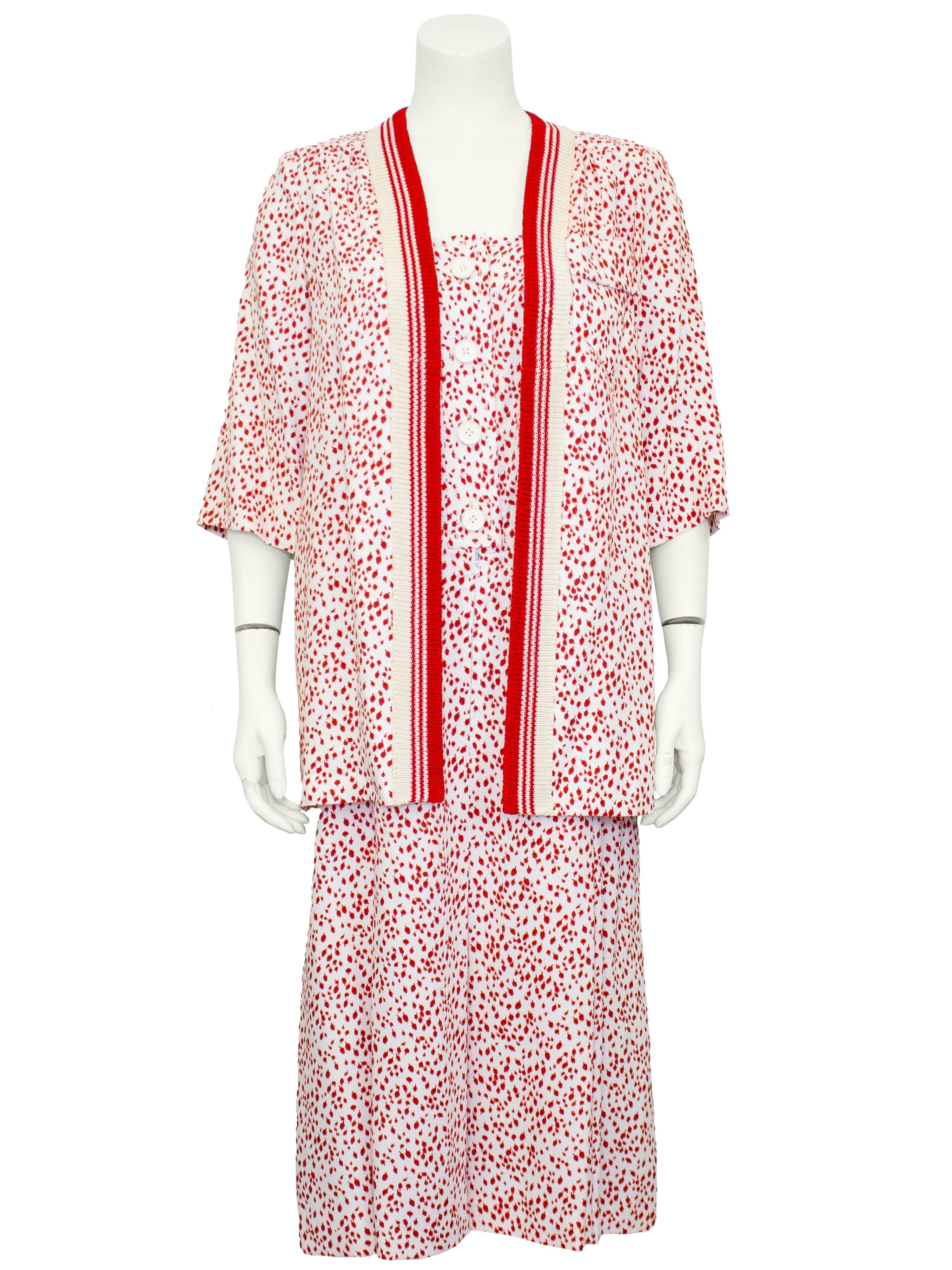 Beige 1980s Red and White Polka Dot Dress and Short Sleeve Cardigan Ensemble For Sale