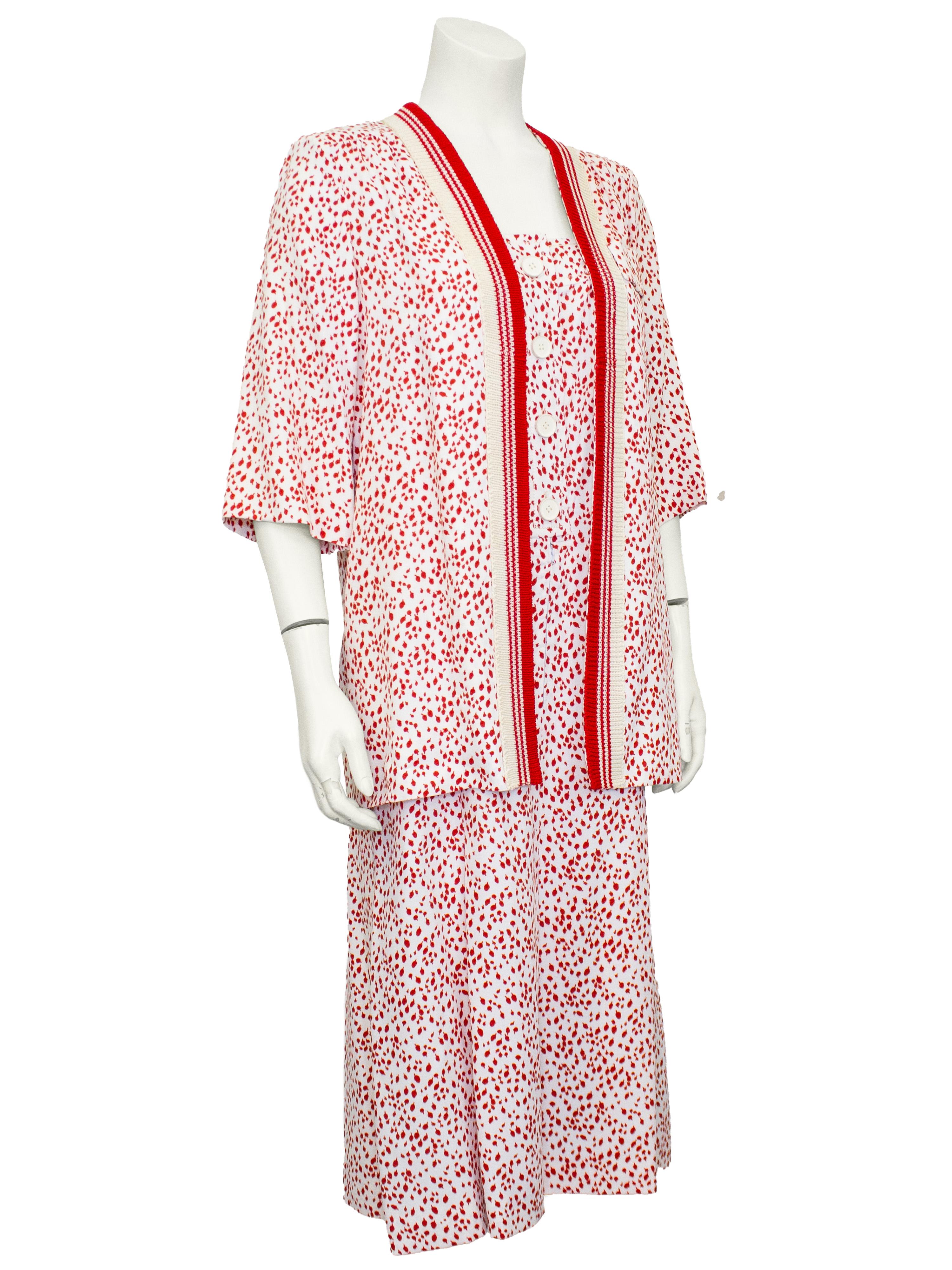 1980s Red and White Polka Dot Dress and Short Sleeve Cardigan Ensemble In Good Condition For Sale In Toronto, Ontario