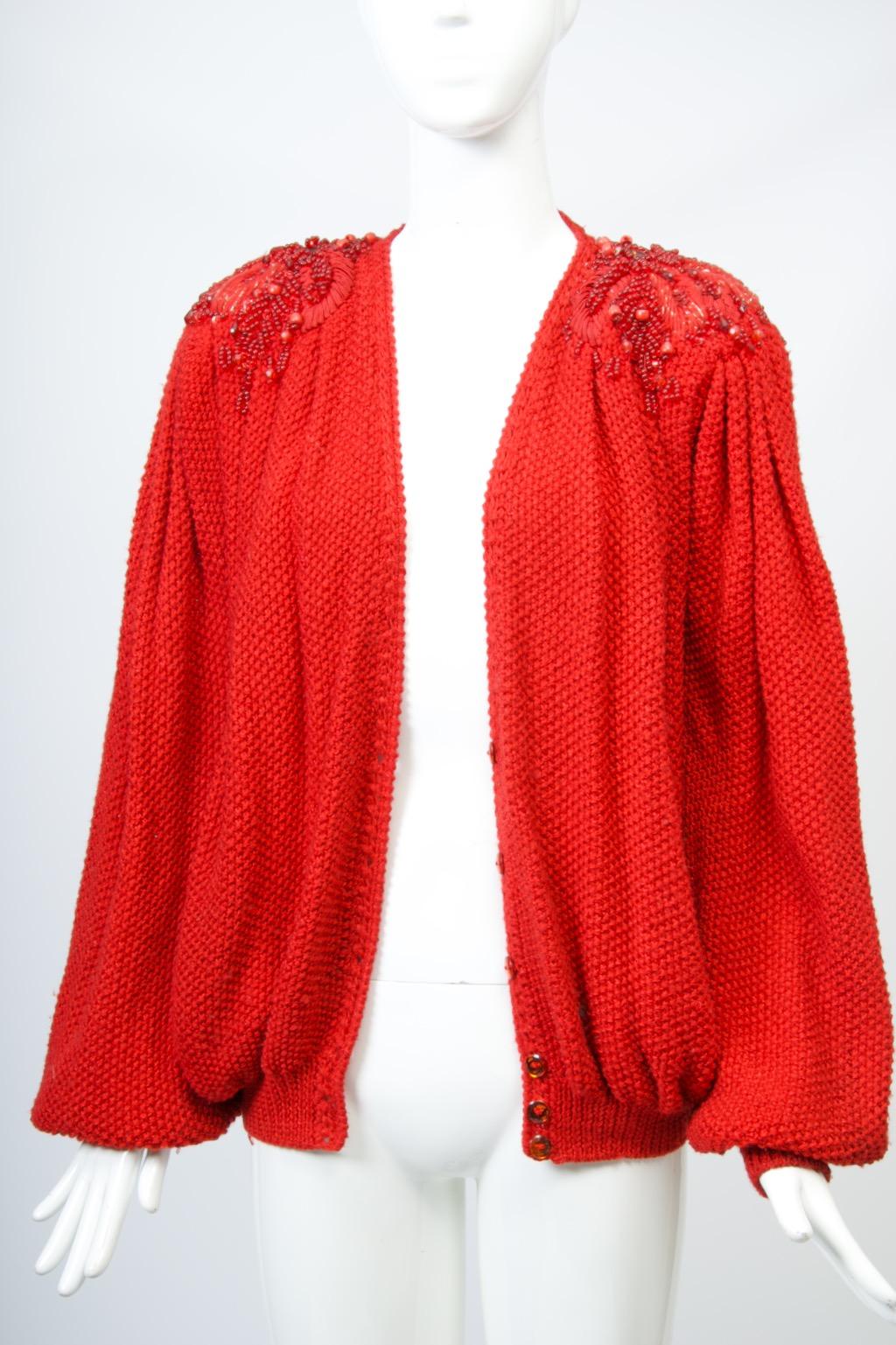 1980s Red Artisan Cardigan with Beaded Shoulders For Sale 7