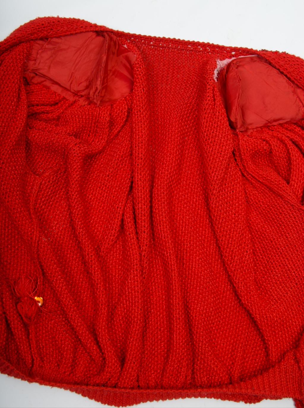 1980s Red Artisan Cardigan with Beaded Shoulders For Sale 8