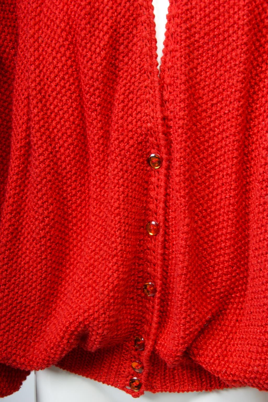1980s Red Artisan Cardigan with Beaded Shoulders In Good Condition For Sale In Alford, MA