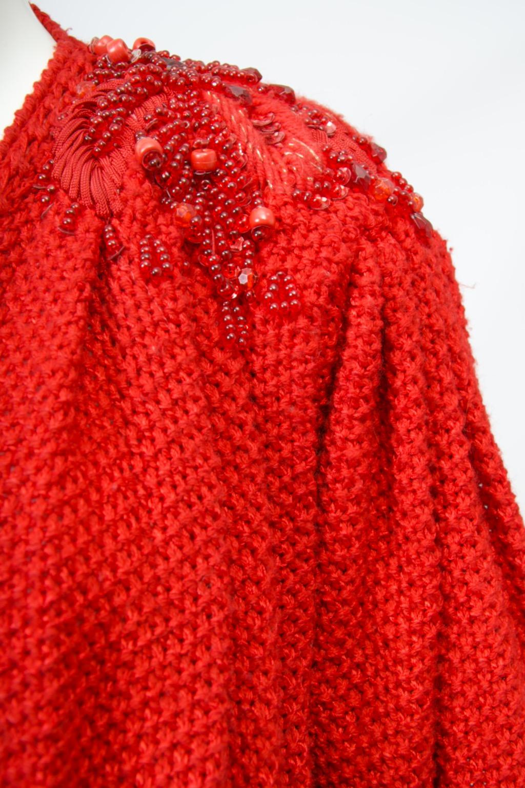 Women's 1980s Red Artisan Cardigan with Beaded Shoulders For Sale