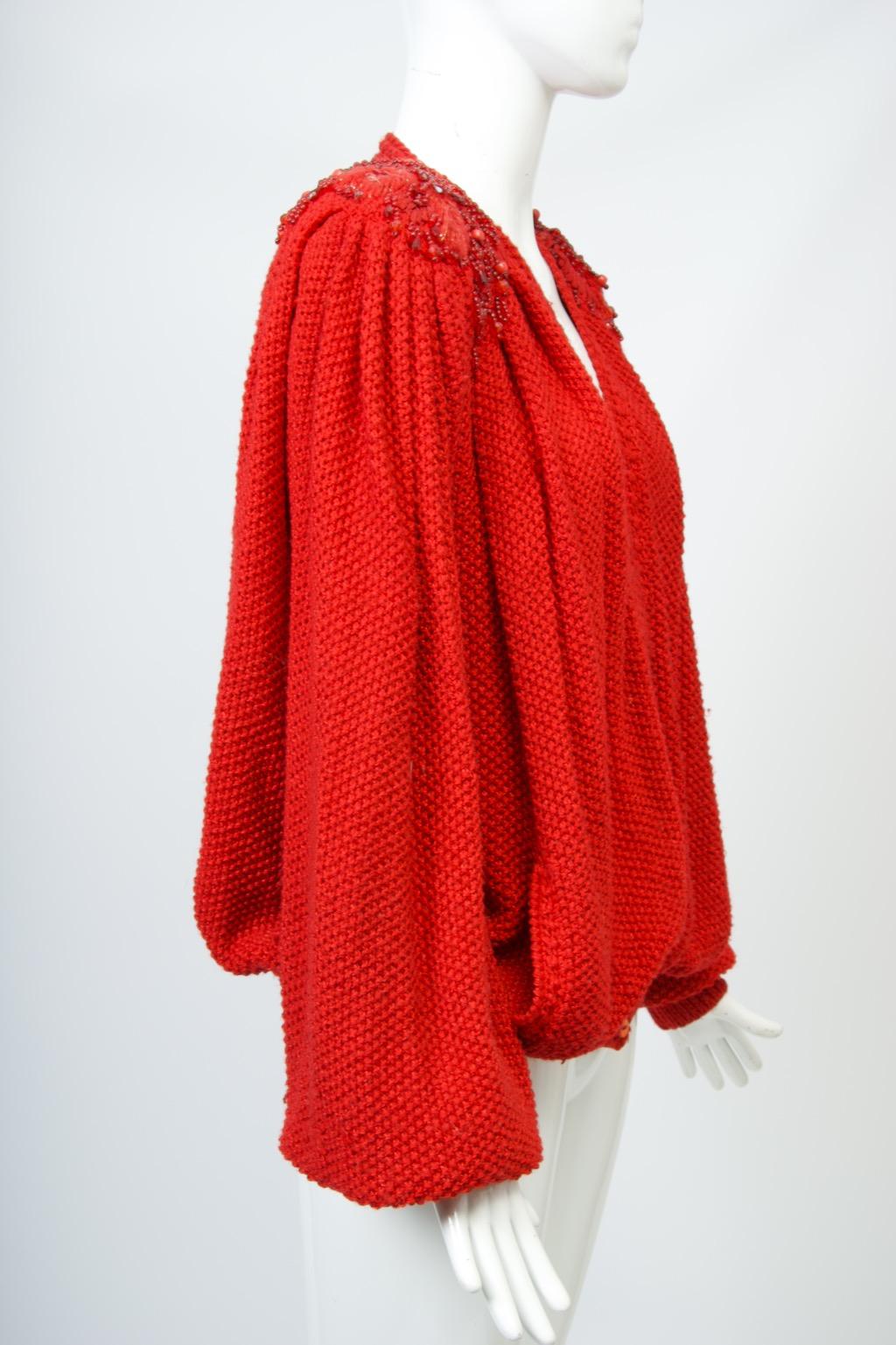 1980s Red Artisan Cardigan with Beaded Shoulders For Sale 1