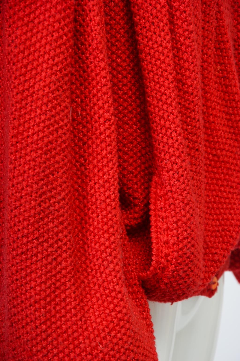 1980s Red Artisan Cardigan with Beaded Shoulders For Sale 2