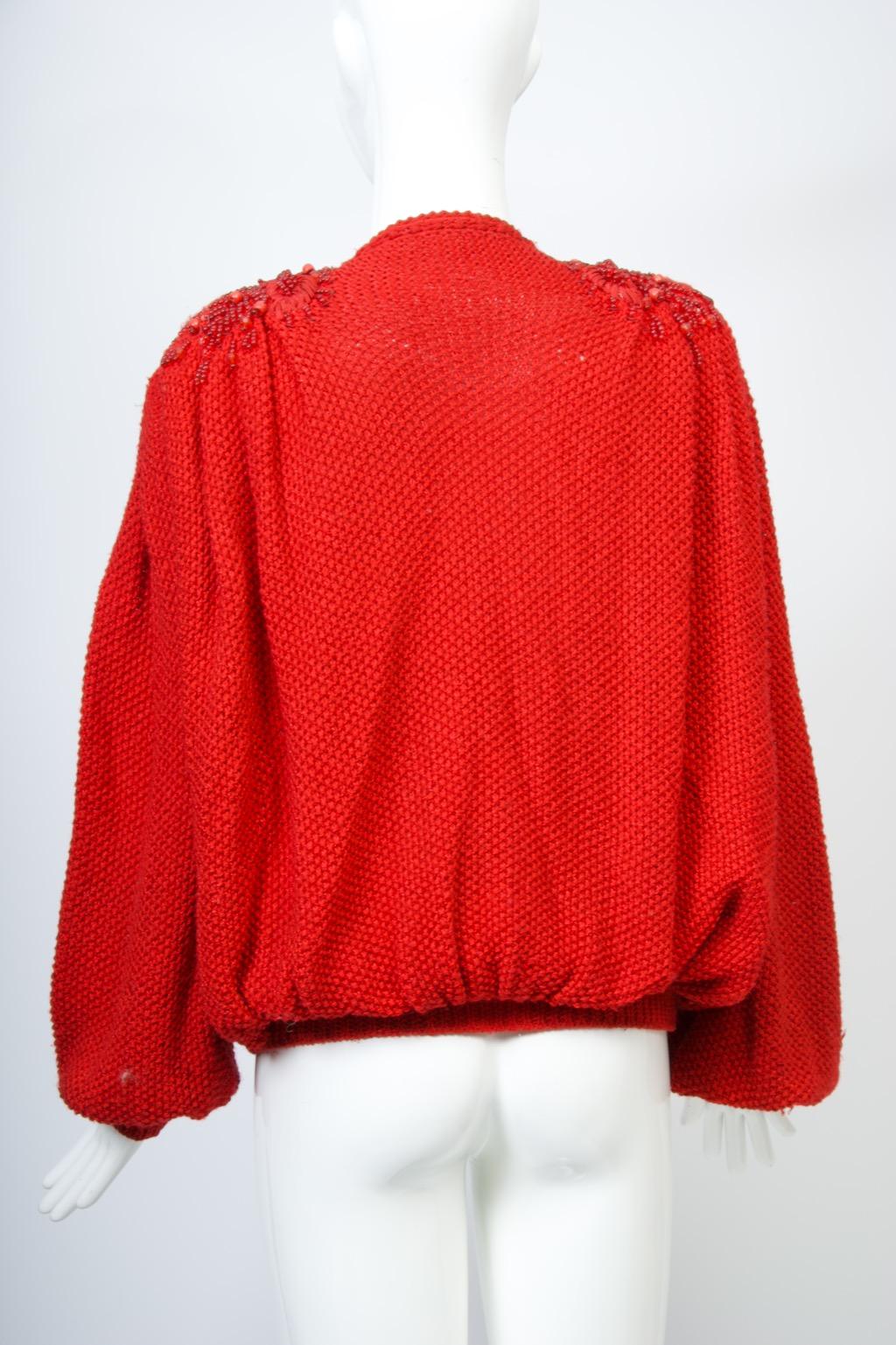 1980s Red Artisan Cardigan with Beaded Shoulders For Sale 3