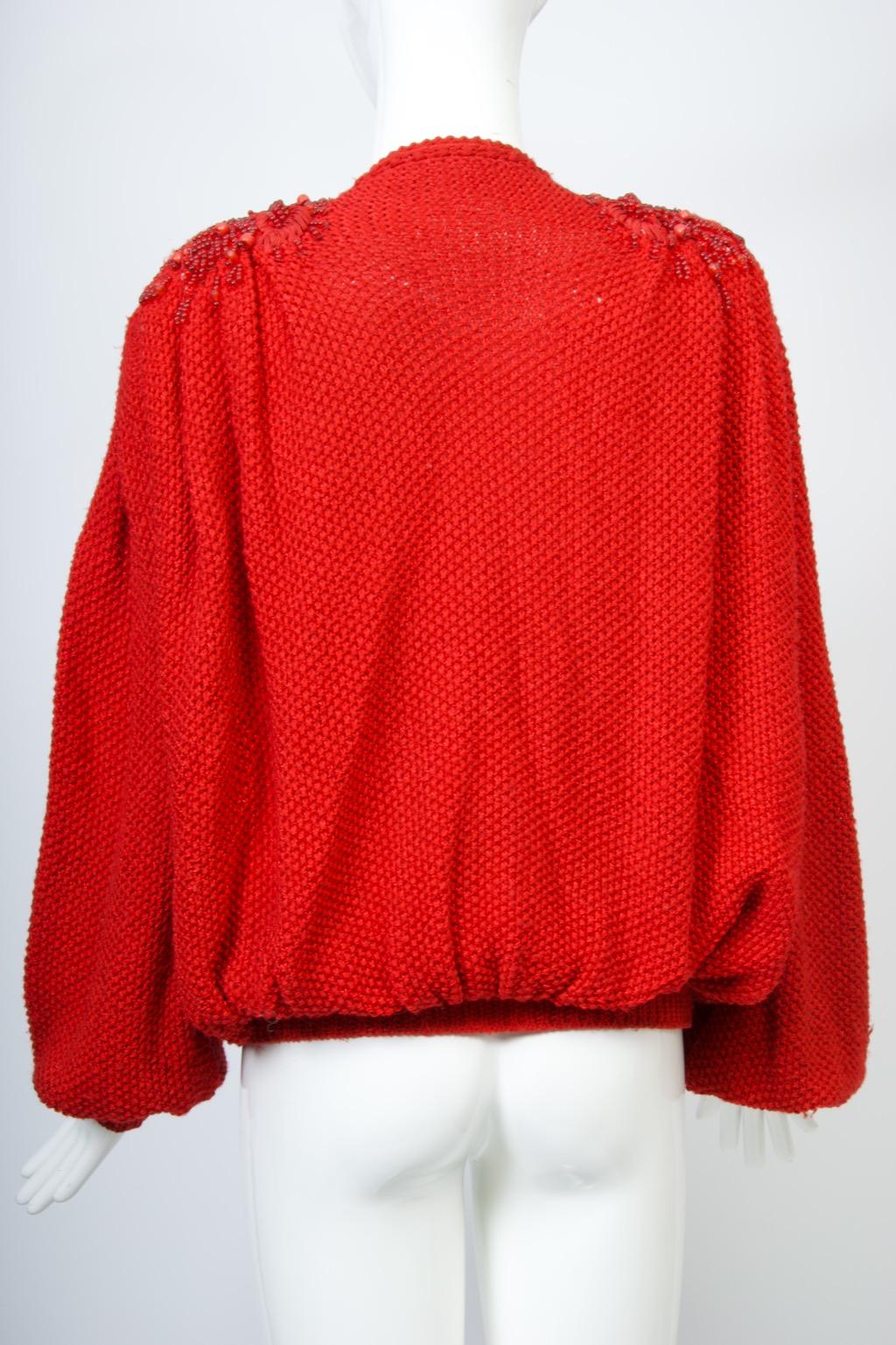 1980s Red Artisan Cardigan with Beaded Shoulders For Sale 4