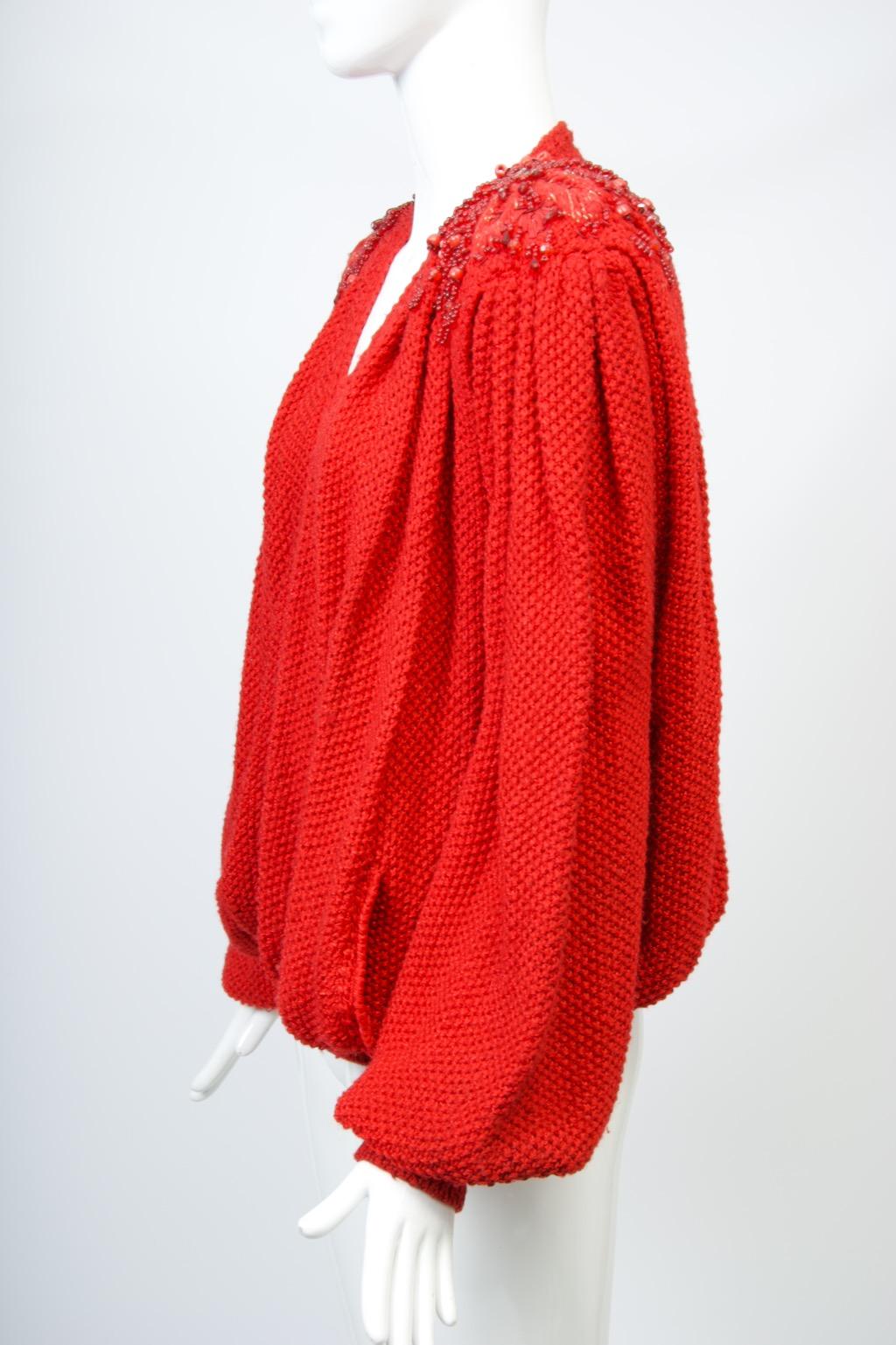 1980s Red Artisan Cardigan with Beaded Shoulders For Sale 5