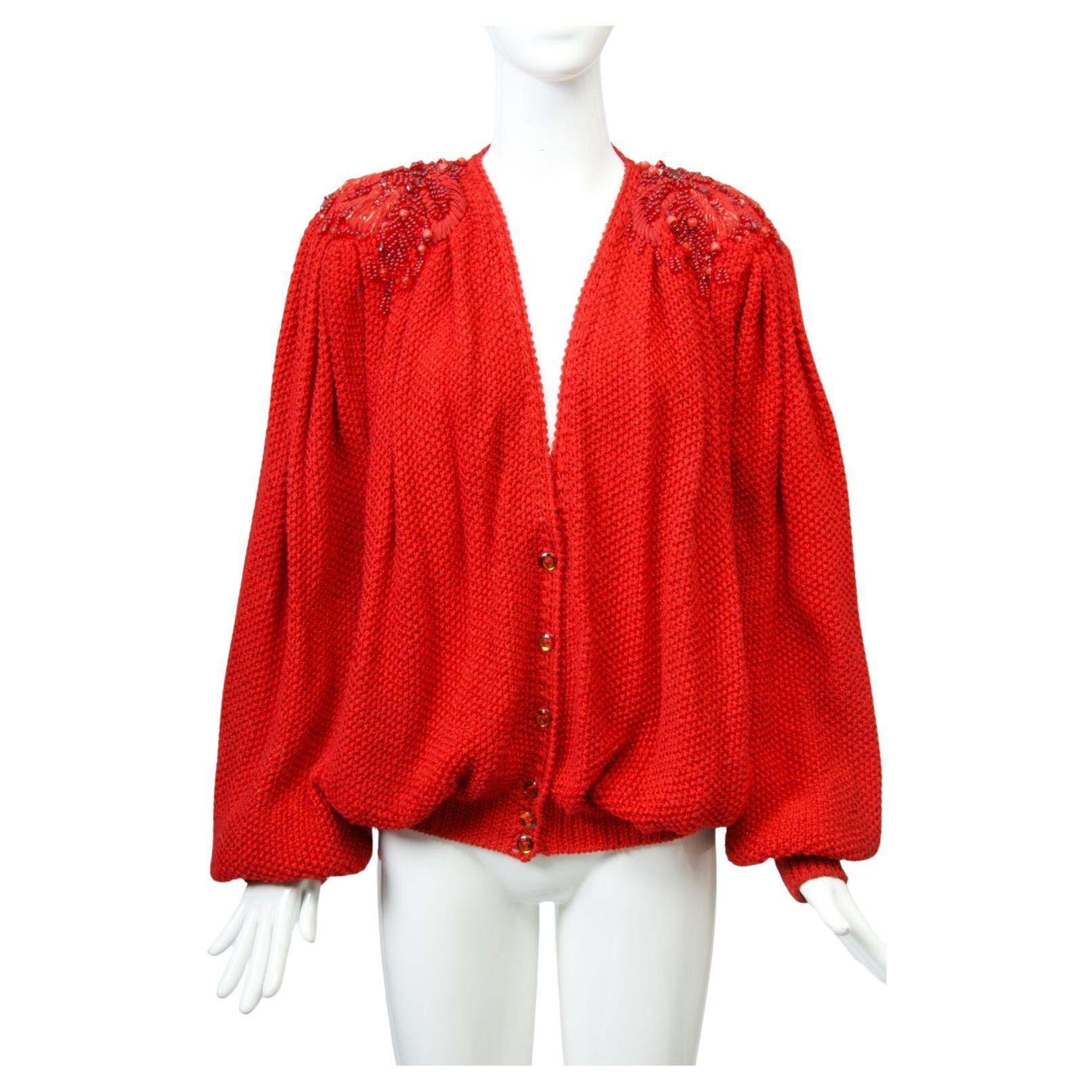 1980s Red Artisan Cardigan with Beaded Shoulders For Sale