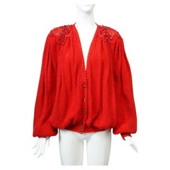 Vintage 1980s Red Artisan Cardigan with Beaded Shoulders