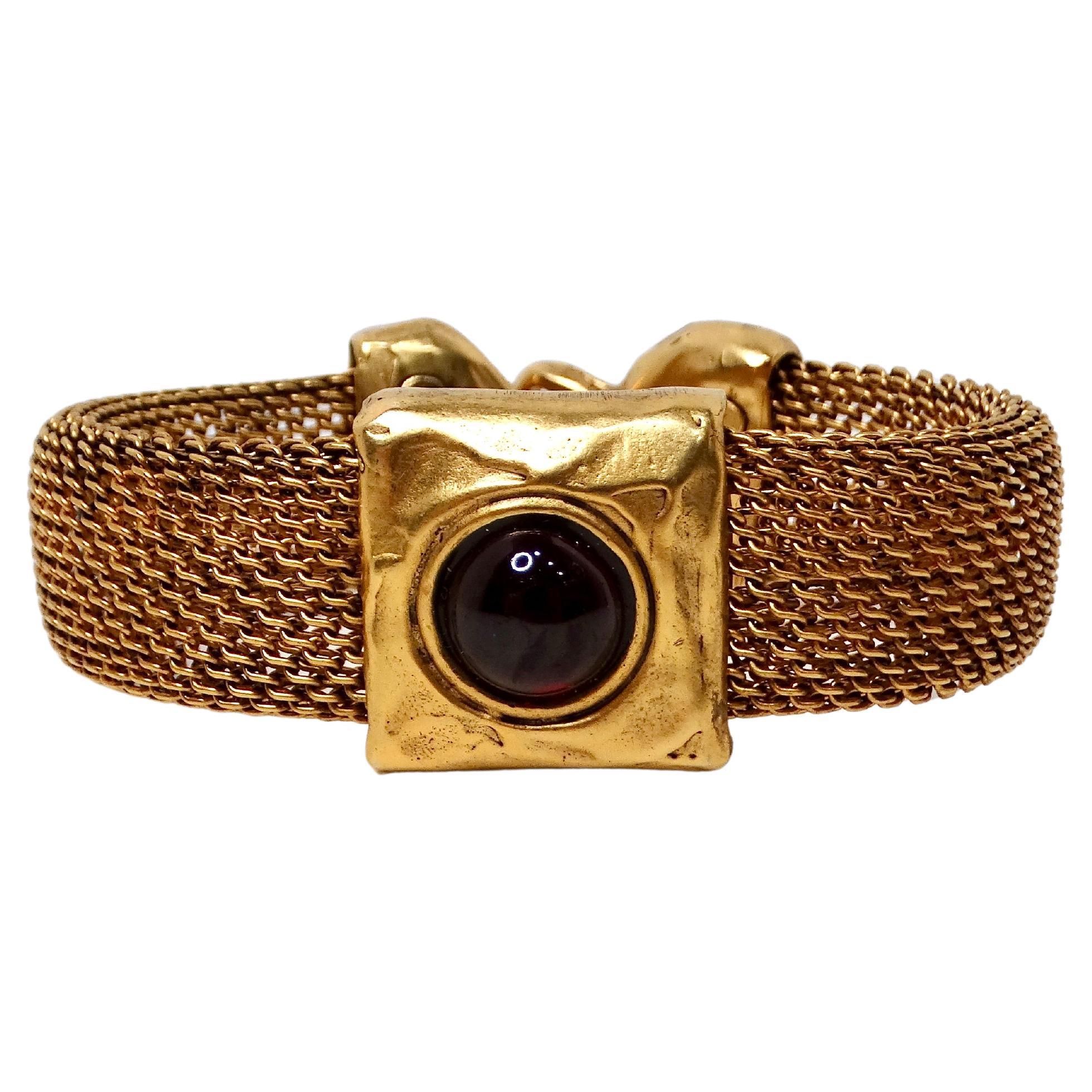 1980s Red Cabochon Gold Tone Garnet Mesh Bracelet