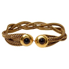 1980s Red Cabochon Gold Tone Multi Chain Woven Choker Necklace