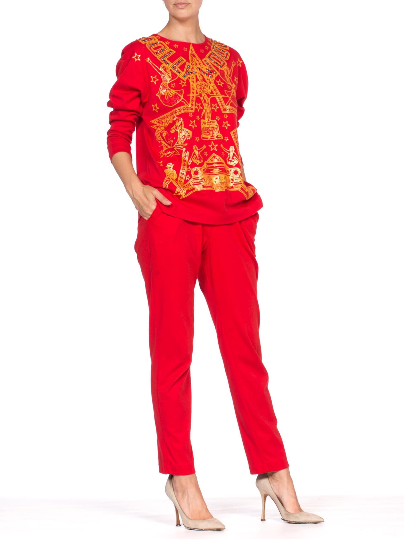 Donna Maglia rossa in cotone Hollywood Glamour con cristalli anni '80  Ensemble in vendita