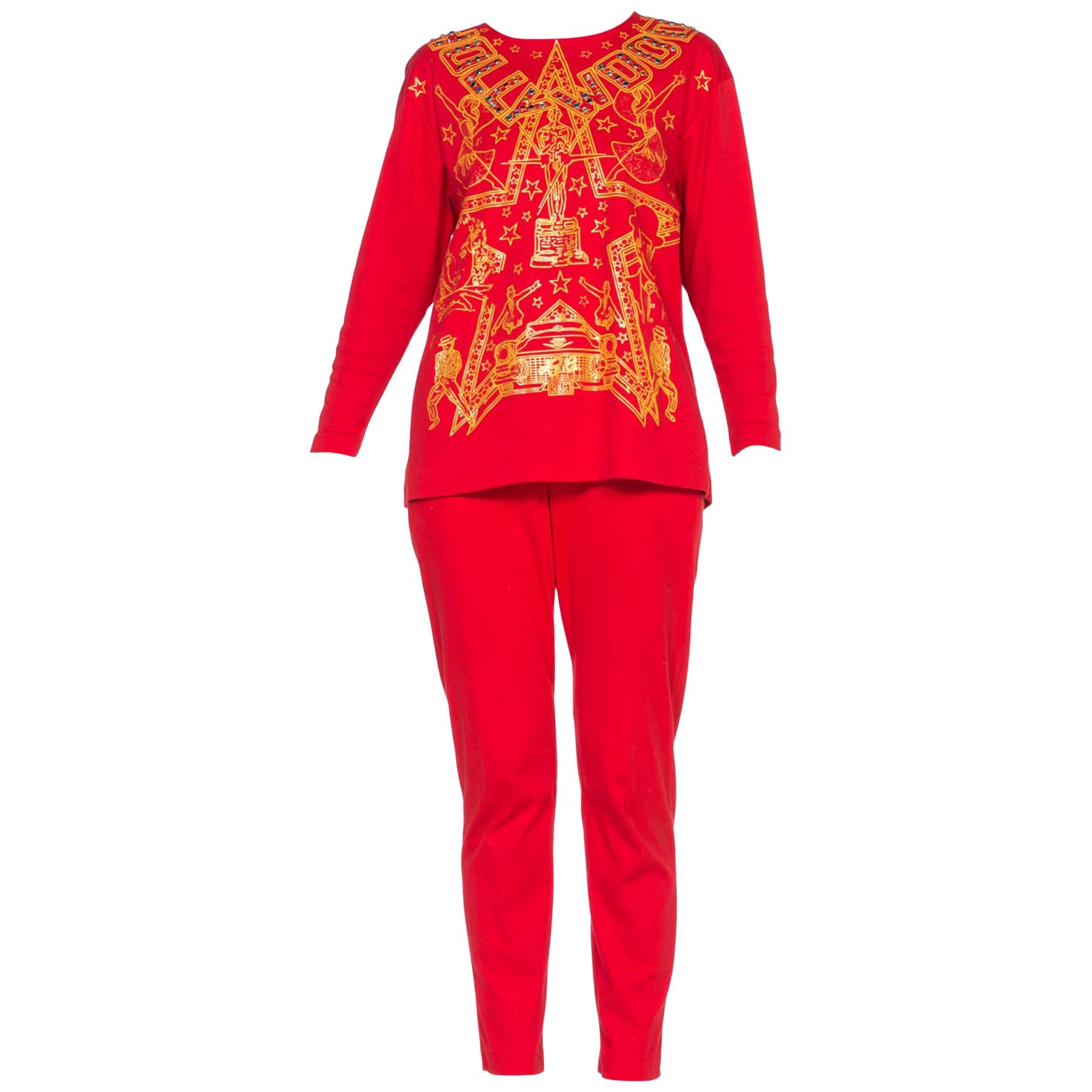 Maglia rossa in cotone Hollywood Glamour con cristalli anni '80  Ensemble in vendita