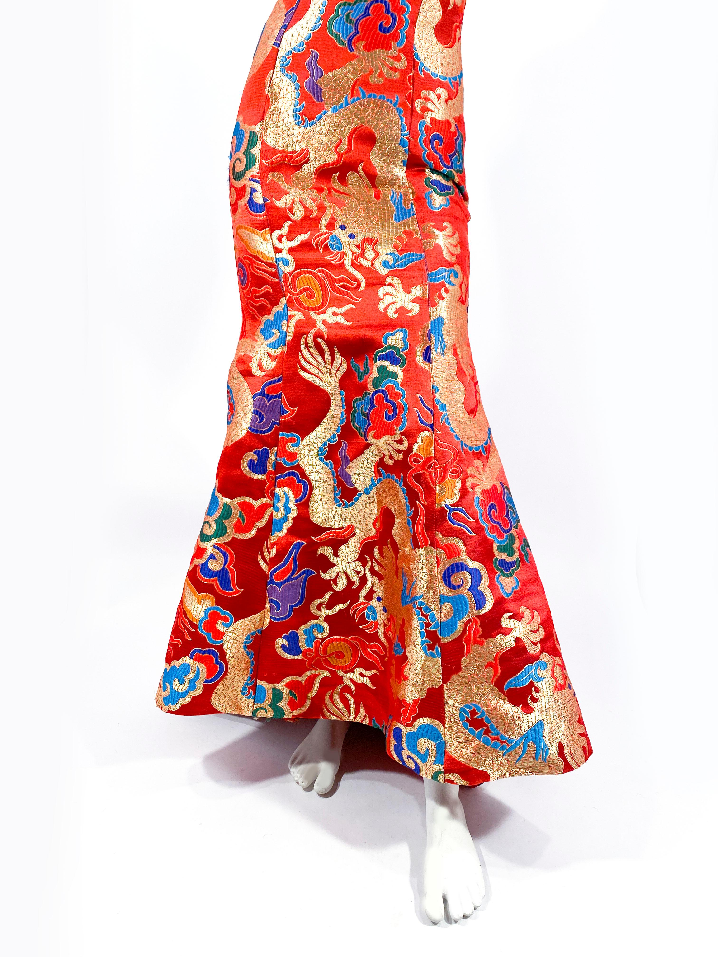 1980s Red Custom Made Gown with Dragon Motif In Good Condition In San Francisco, CA