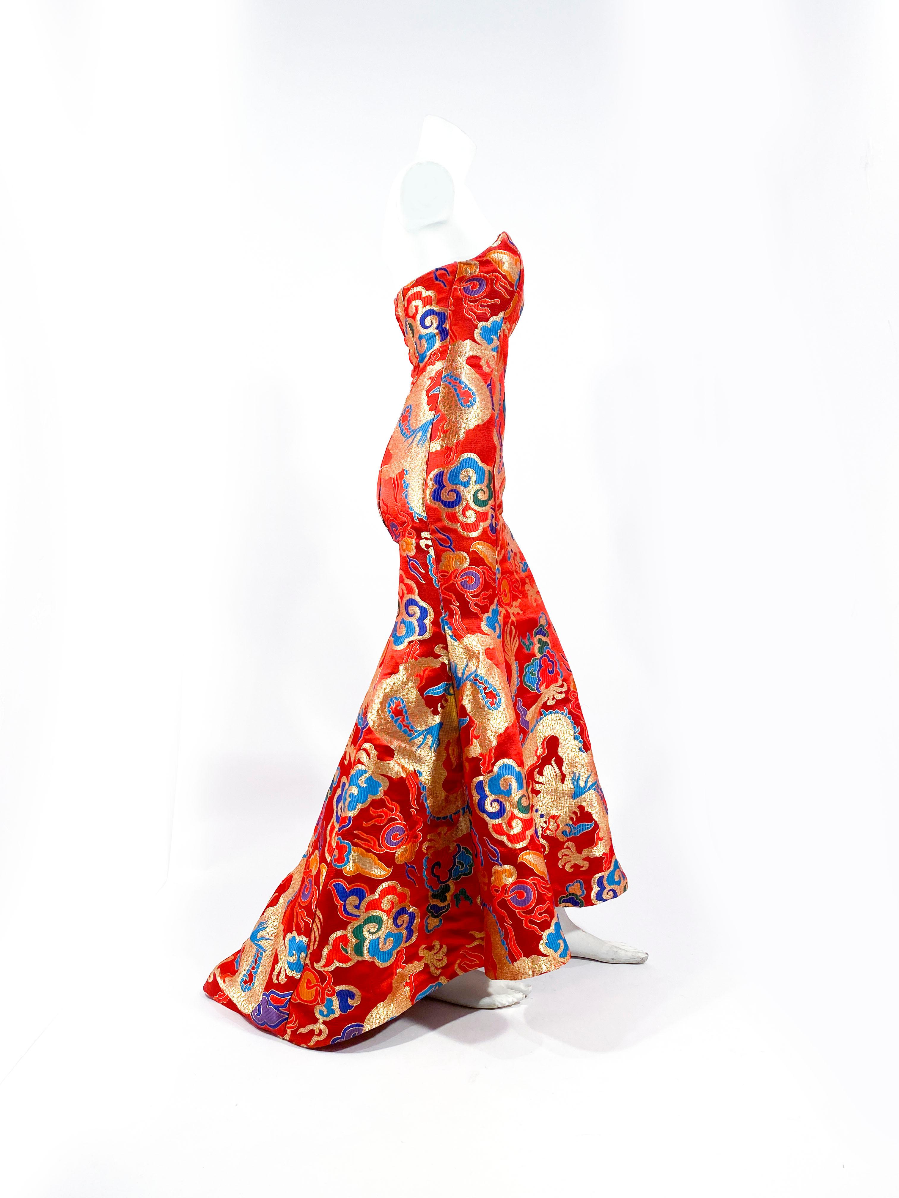 1980s Red Custom Made Gown with Dragon Motif 1