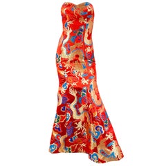 Vintage 1980s Red Custom Made Gown with Dragon Motif