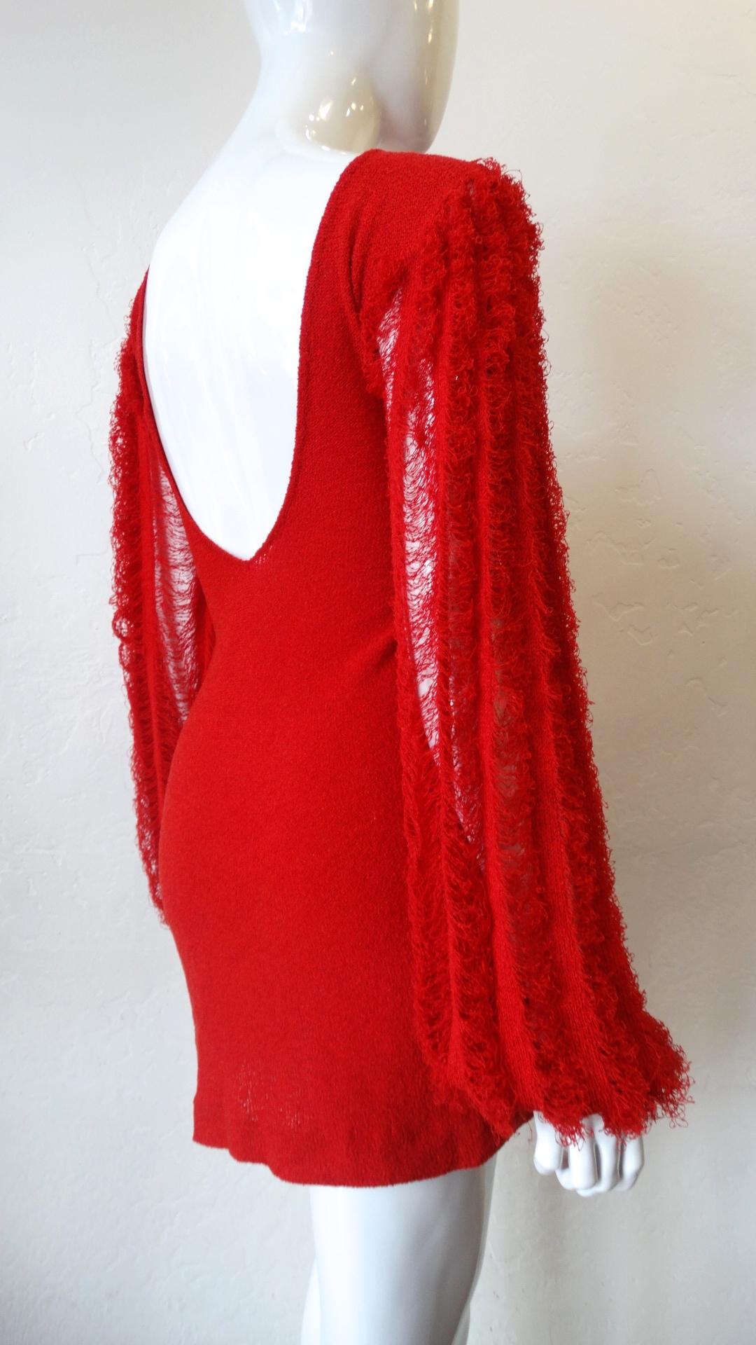 1980s Red Knit Mini Dress With Dramatic Sleeves 6
