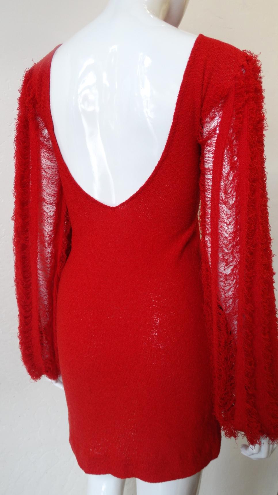 Women's 1980s Red Knit Mini Dress With Dramatic Sleeves