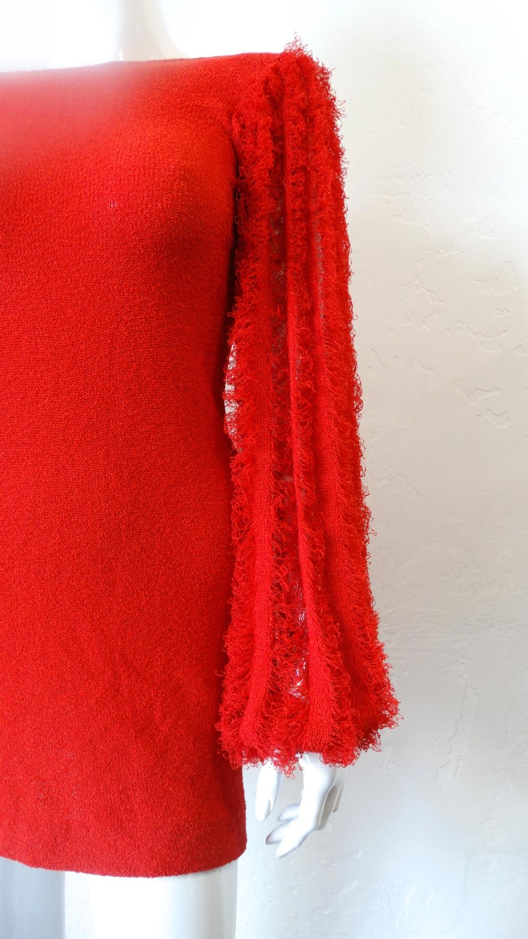1980s Red Knit Mini Dress With Dramatic Sleeves 1