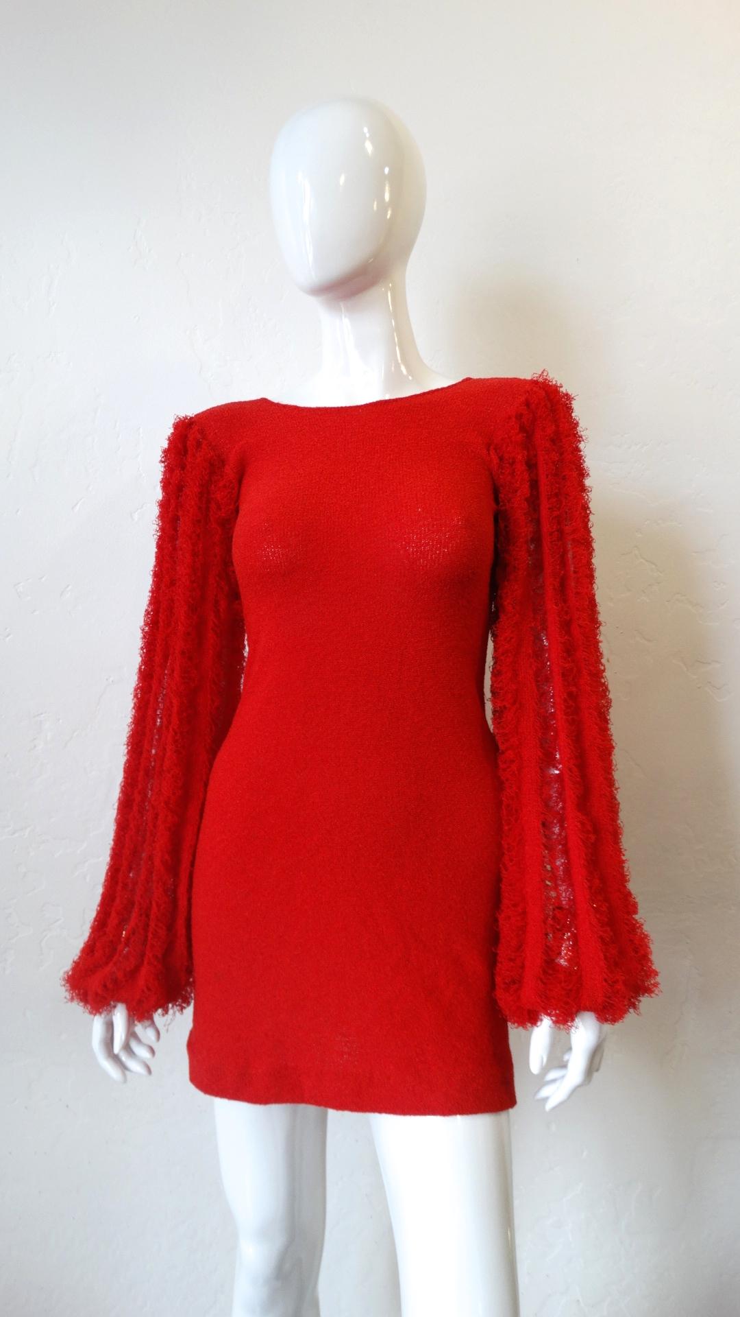 1980s Red Knit Mini Dress With Dramatic Sleeves 5