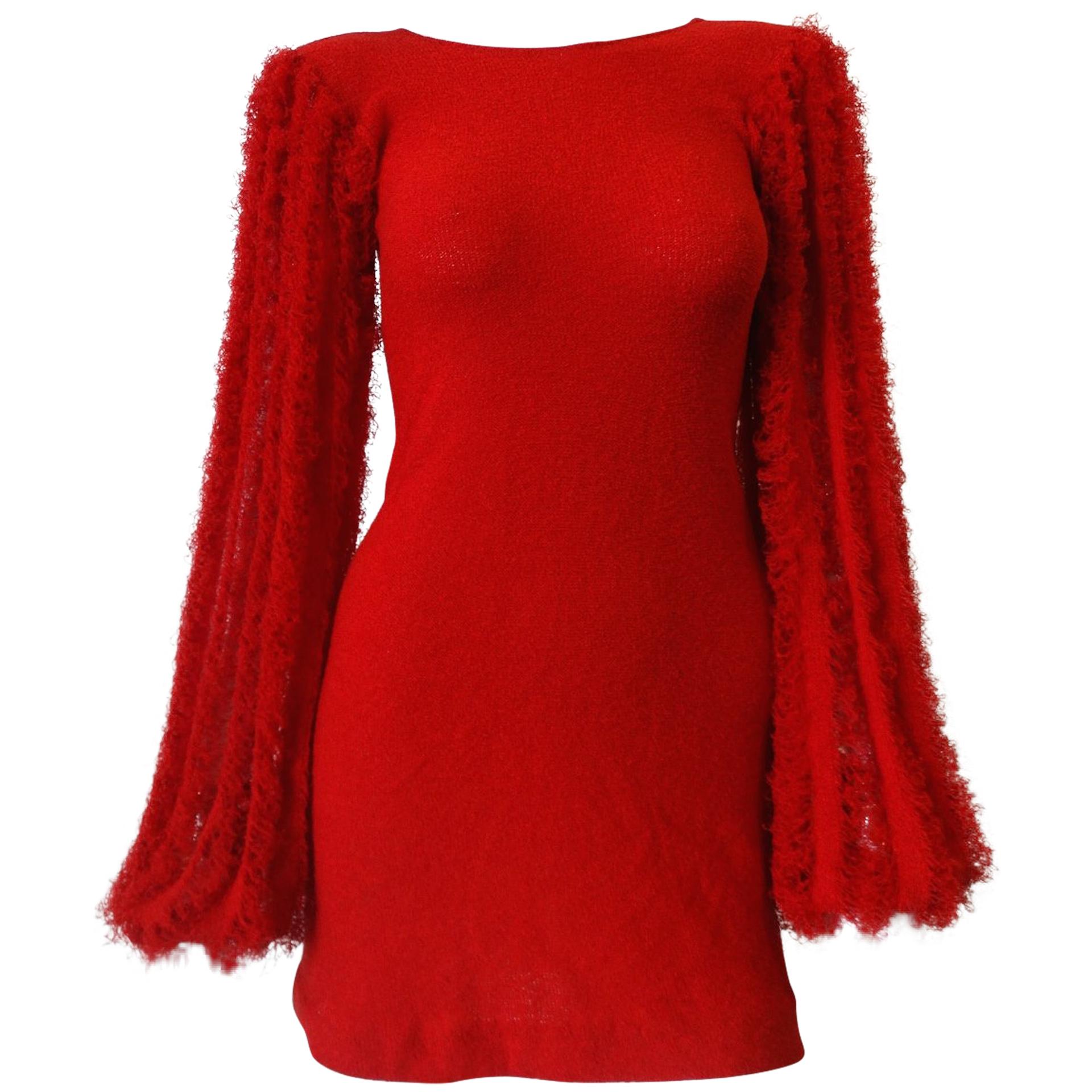 1980s Red Knit Mini Dress With Dramatic Sleeves