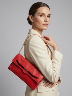 1980s Red Leather and Brass Chain Italian Shoulder Bag