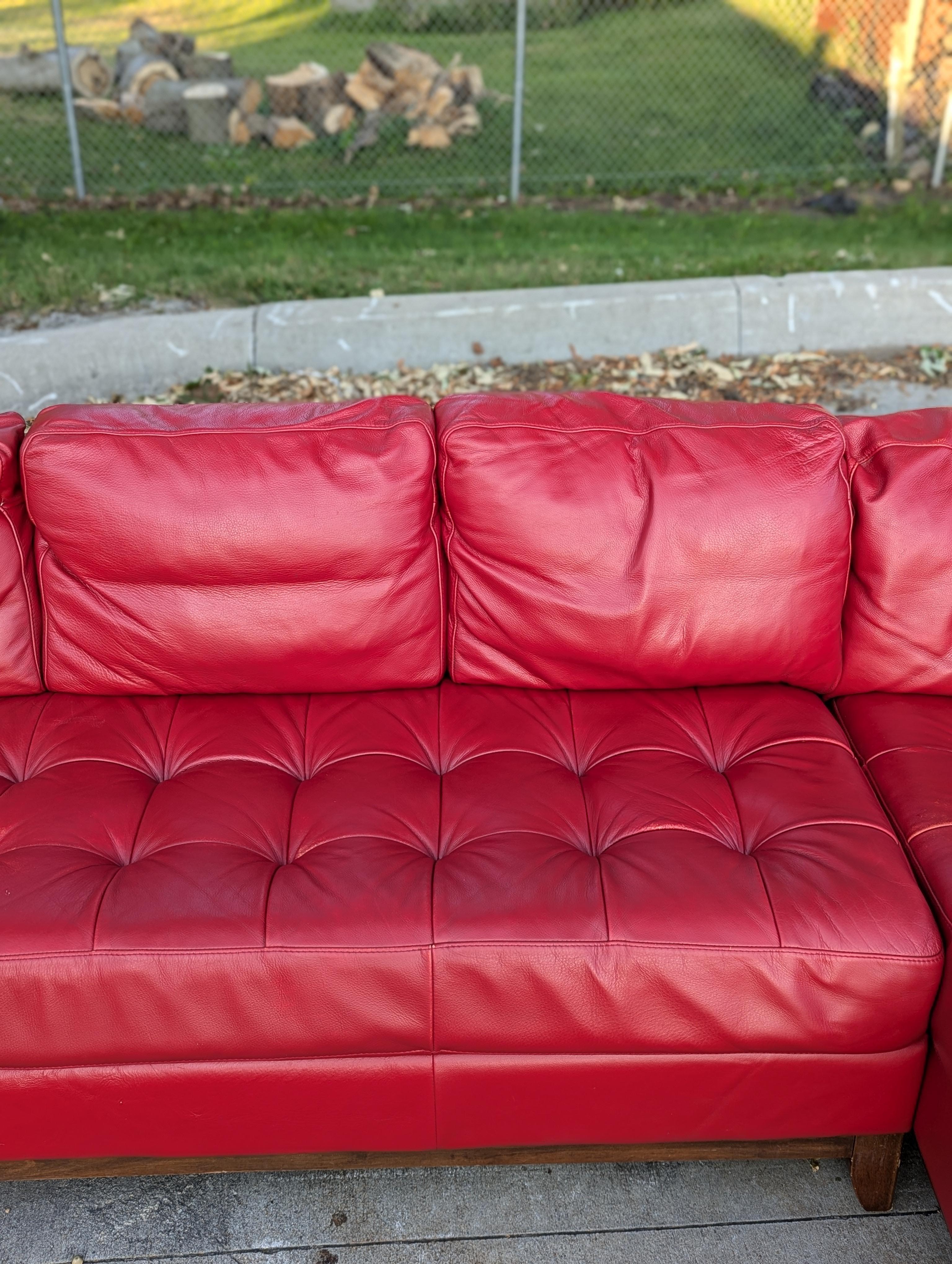 American 1980s Red Leather Sectional Sofa