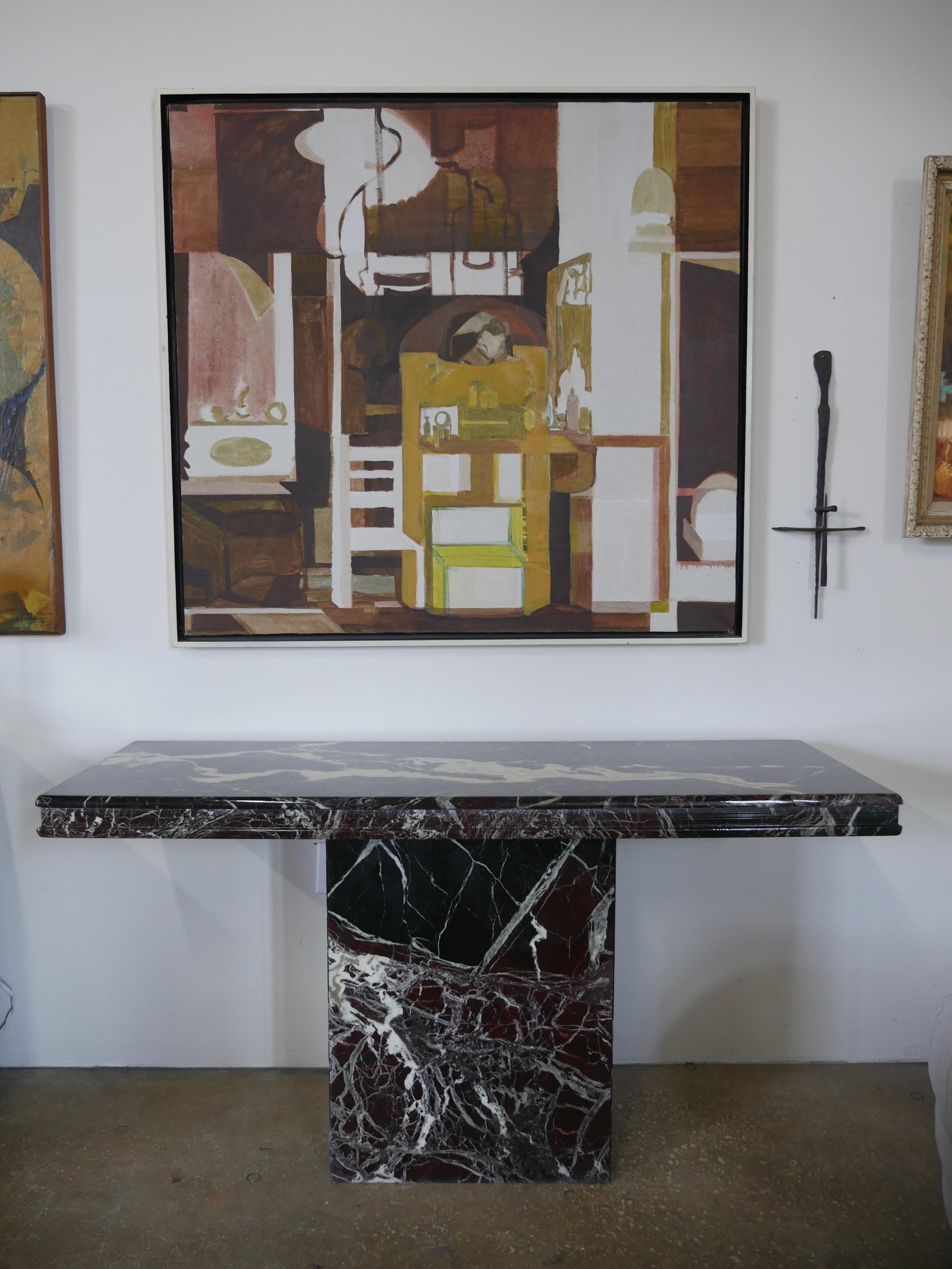 Striking 1980s Red Levanto Italian marble console table. A gorgeous, highly variegated marble console table featuring veining in a red maroon, dark green and white with a polished finish. It has a clear protective resin coat that has allowed this