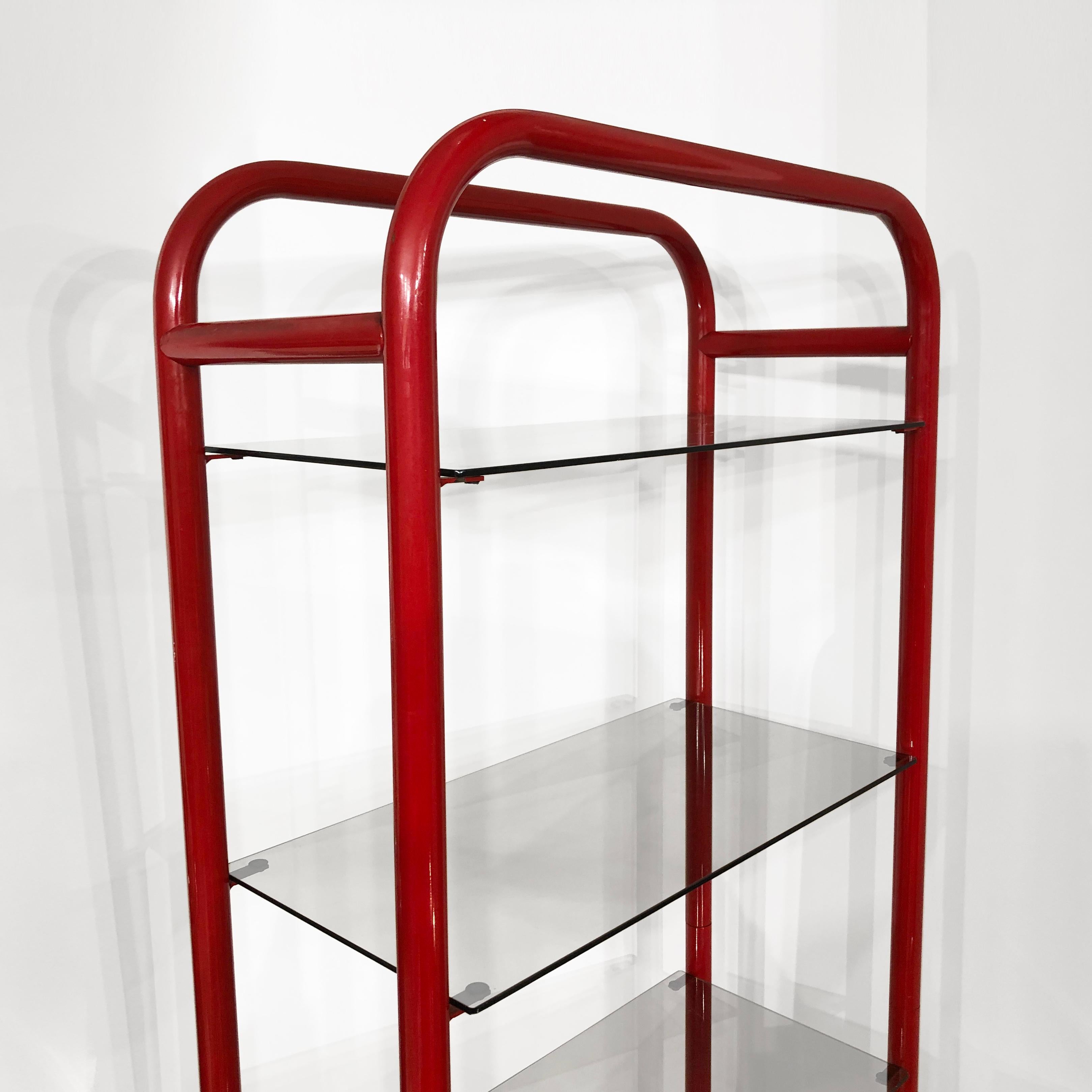Italian 1980s Red Memphis Design Period Etagere #1 Sottsass style Clear Glass Postmodern For Sale